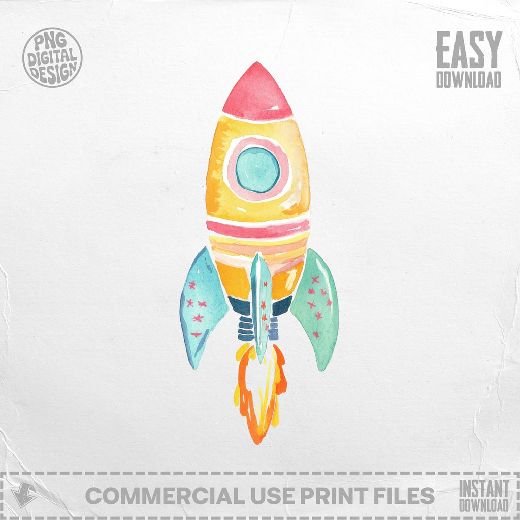 Watercolor rocket ship with blue fins and red stars, fire exhaust.