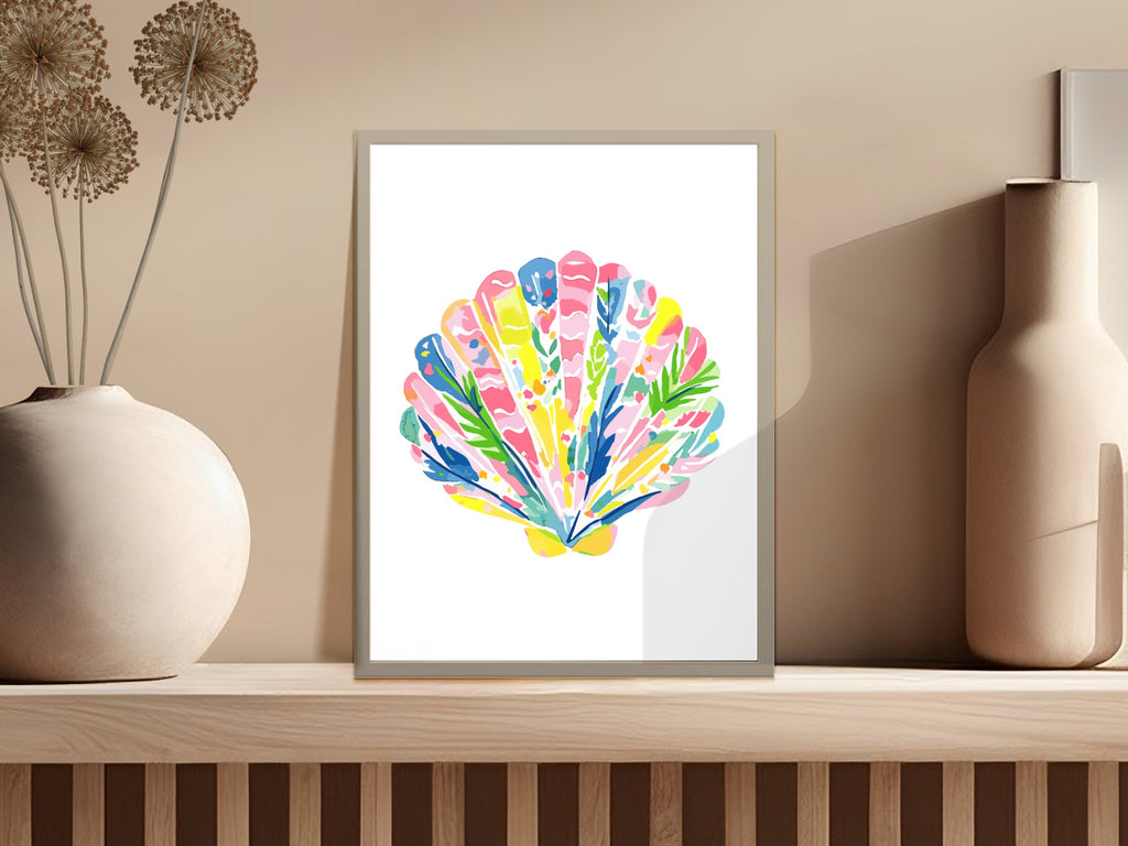 Colorful seashell art print with abstract floral and leafy patterns.