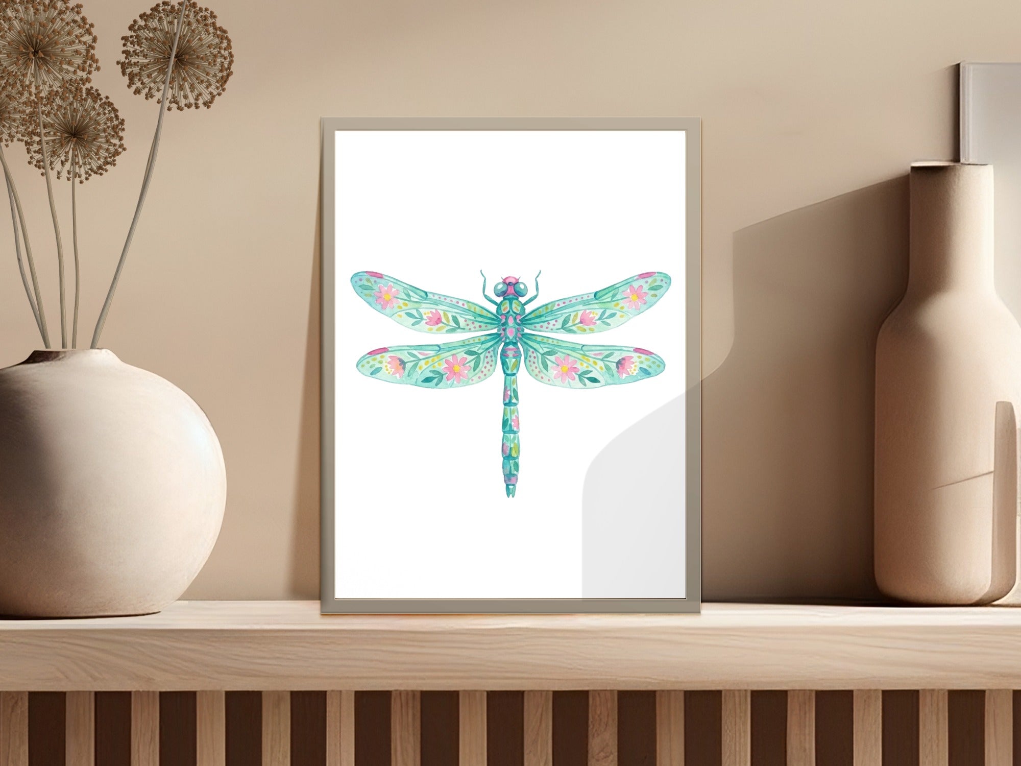 Watercolor dragonfly art print with floral and leaf accents.