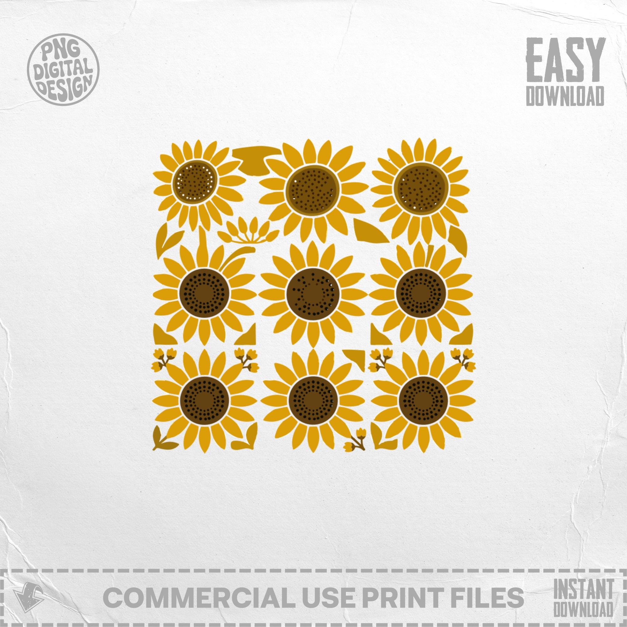 Square arrangement of nine stylized sunflowers with yellow petals and brown centers.