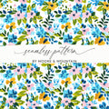 Seamless floral pattern with pink, blue, and yellow flowers.