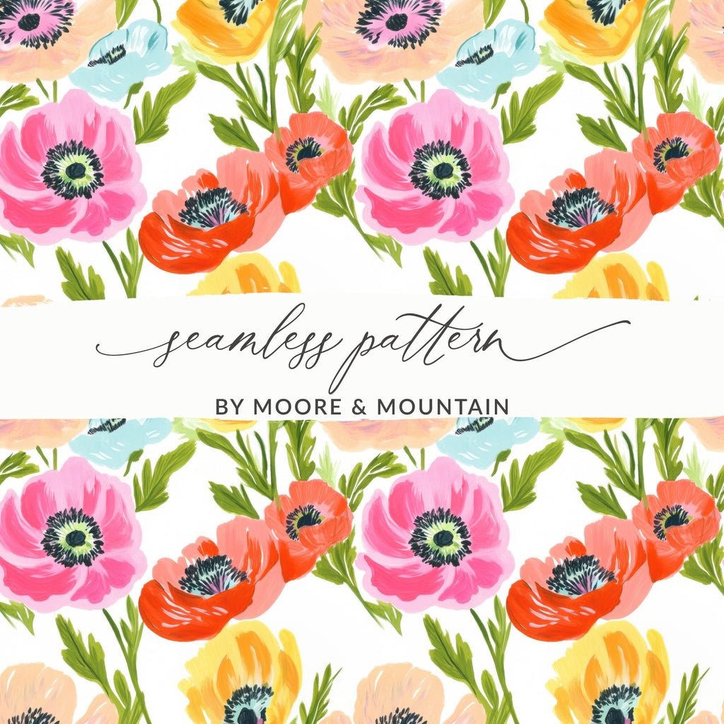 Seamless pattern of colorful poppies and floral elements by Moore & Mountain.