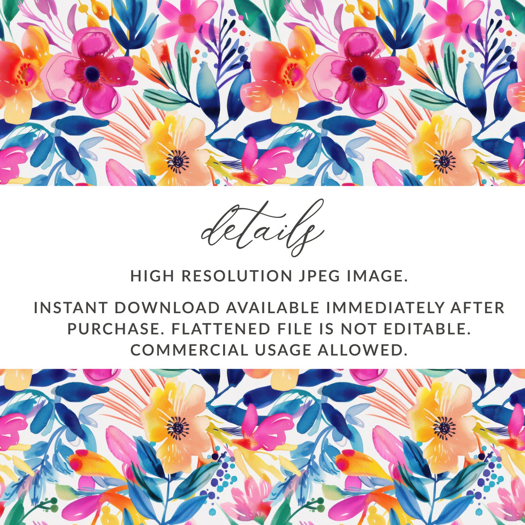 Colorful Watercolor Flower Pattern Digital product type
watercolor, floral pattern, seamless design, digital paper, flower artwork, vibrant colors, abstract floral, summer flowers, spring blooms, tropical leaves, graphic design, scrapbooking, instant download, commercial use, high resolution, background image, surface pattern, art print, textile print, JPG file