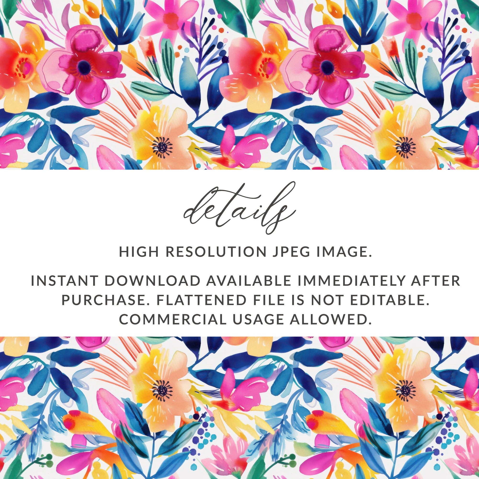 Colorful Watercolor Flower Pattern Digital product type
watercolor, floral pattern, seamless design, digital paper, flower artwork, vibrant colors, abstract floral, summer flowers, spring blooms, tropical leaves, graphic design, scrapbooking, instant download, commercial use, high resolution, background image, surface pattern, art print, textile print, JPG file