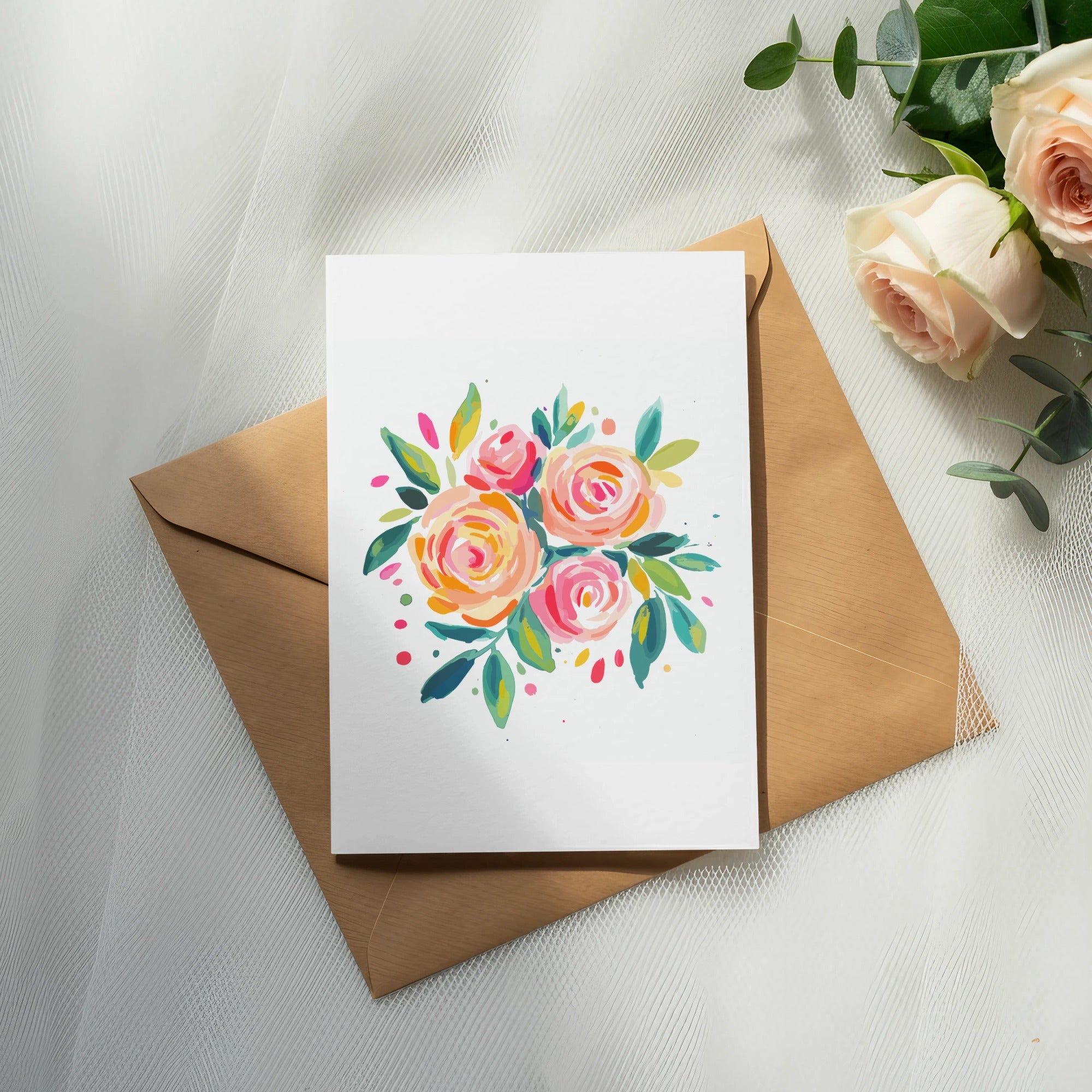 Watercolor floral bouquet on an open kraft envelope.