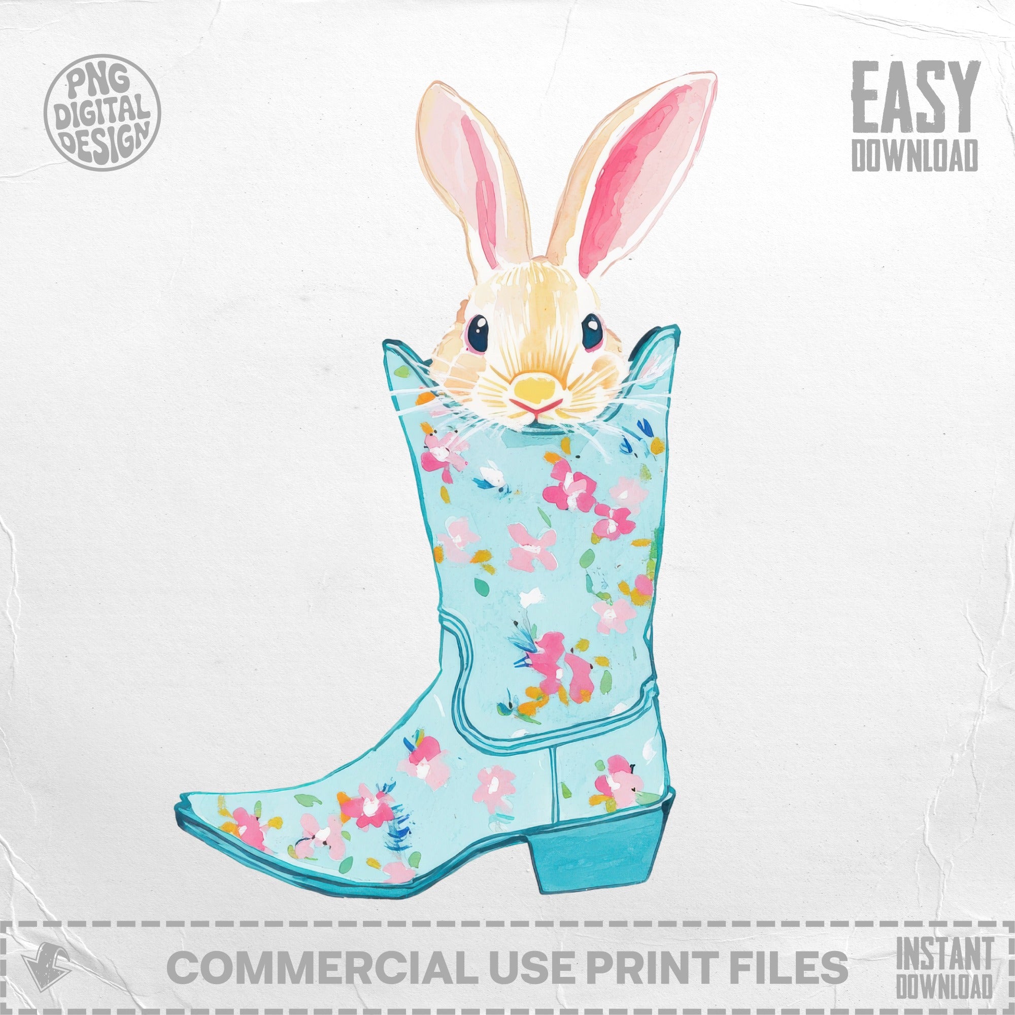Bunny peeking from a light blue floral cowboy boot.