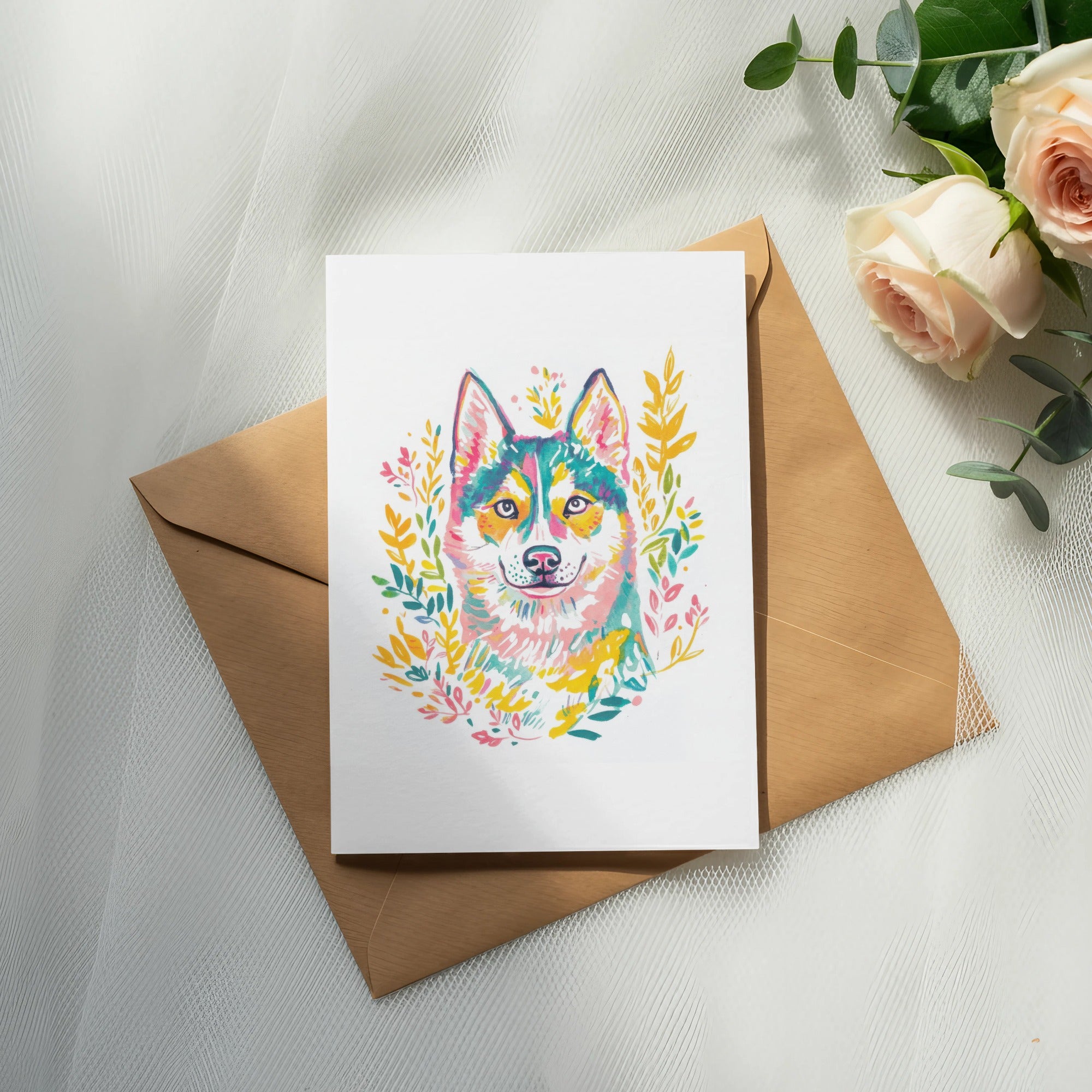 Watercolor painting of a colorful husky dog on a card, resting on an envelope.