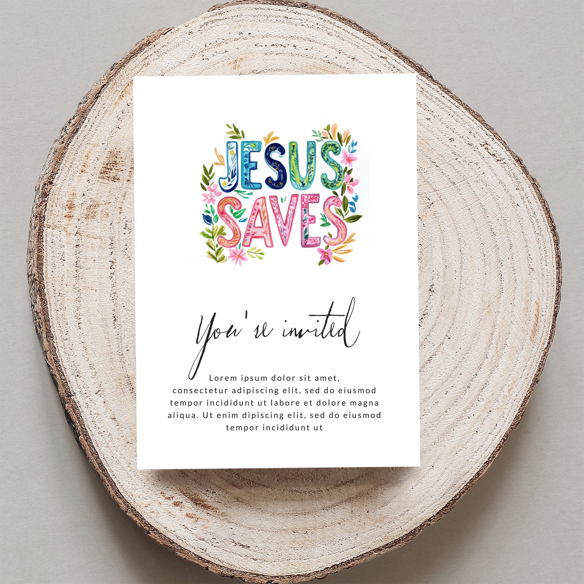Invitation with "Jesus Saves" text, watercolor flowers, and placeholder text.