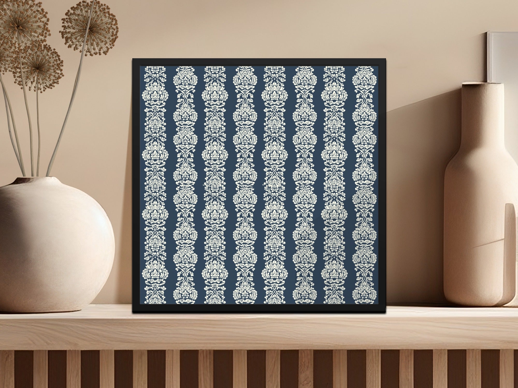 Navy Blue and White Floral Pattern Wall Art Decor