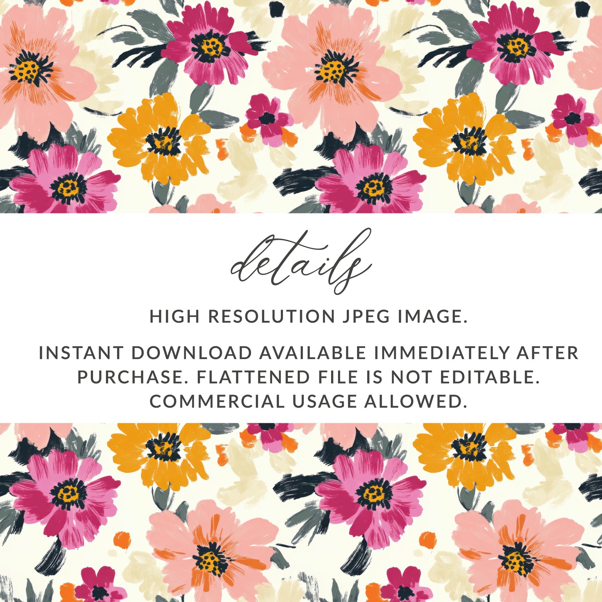 Floral pattern with hand-painted pink, yellow, and magenta flowers.