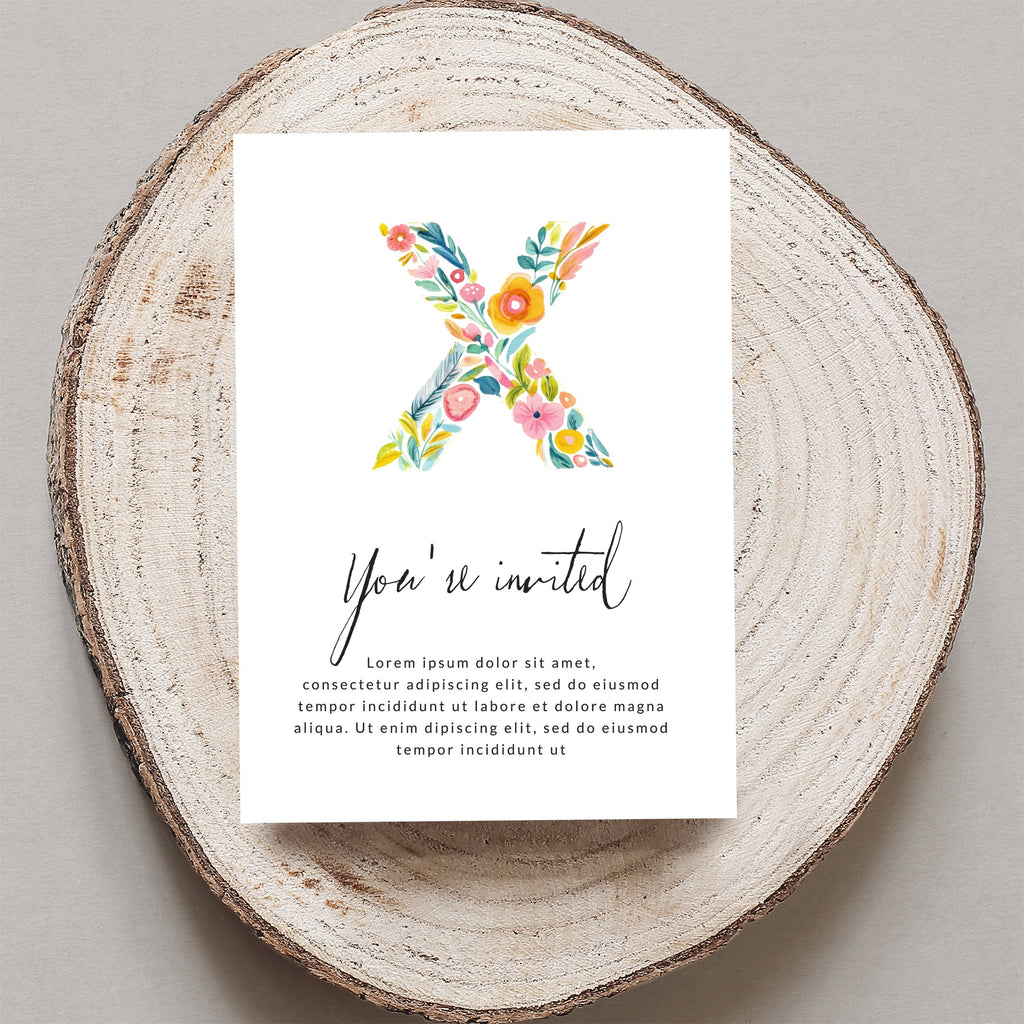 Floral letter X invitation with "You're invited" and placeholder text.