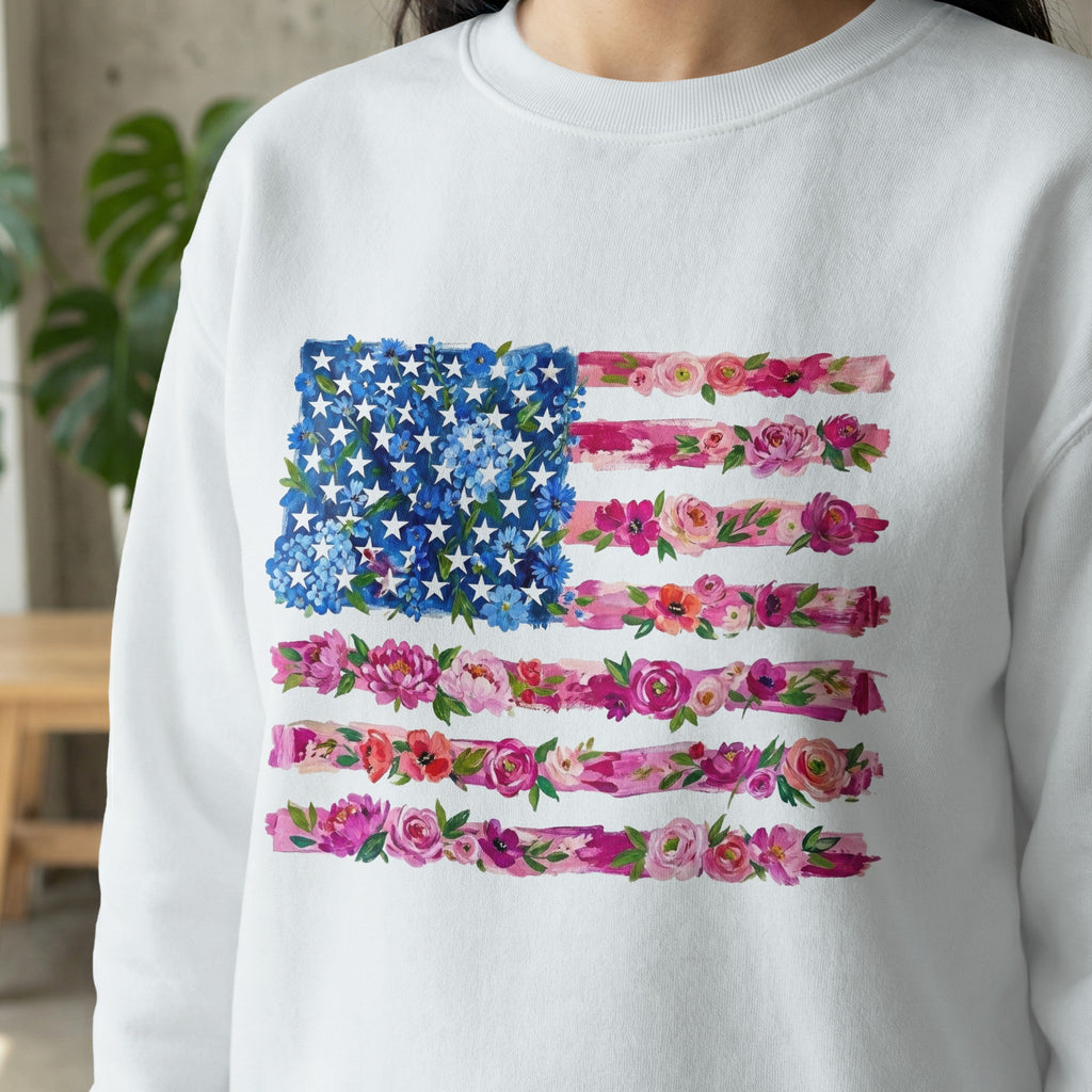 White sweatshirt with a floral American flag design.