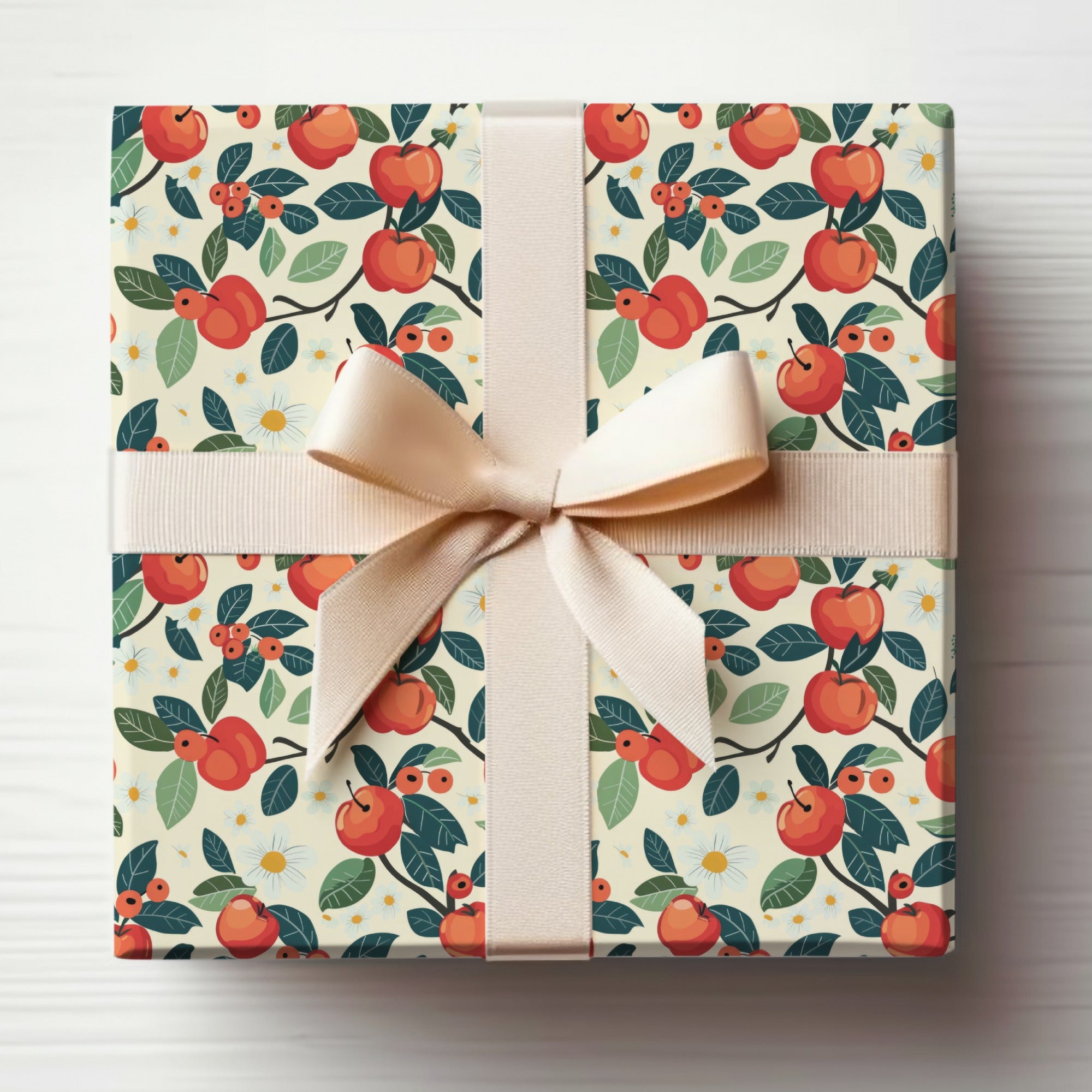 Elegant Gift Box with Cherry and Leaf Print Design
