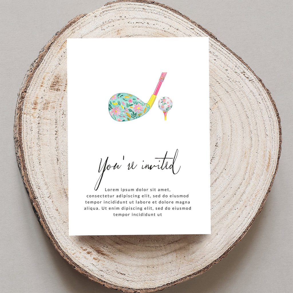 Golf invitation with floral golf club and ball design.
