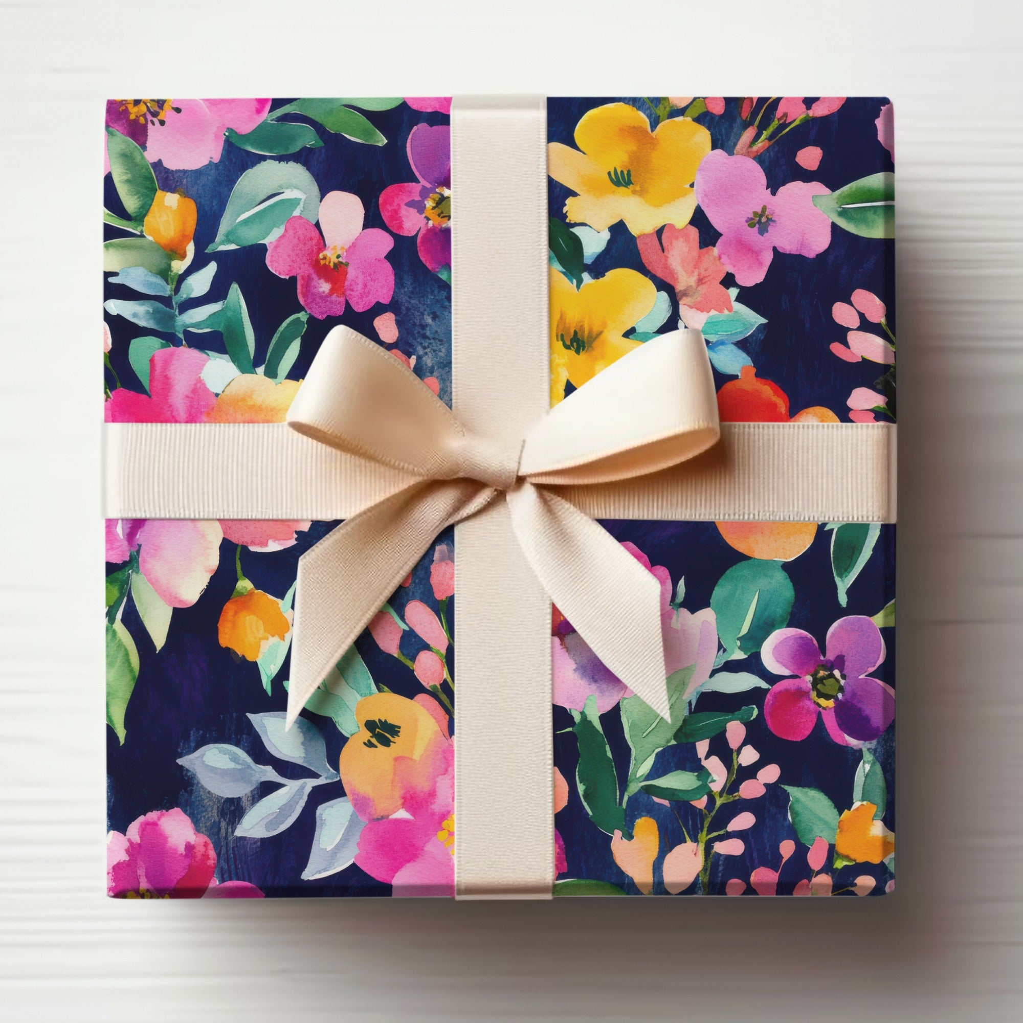 Floral Pattern Wrapped Gift Box with Cream Ribbon