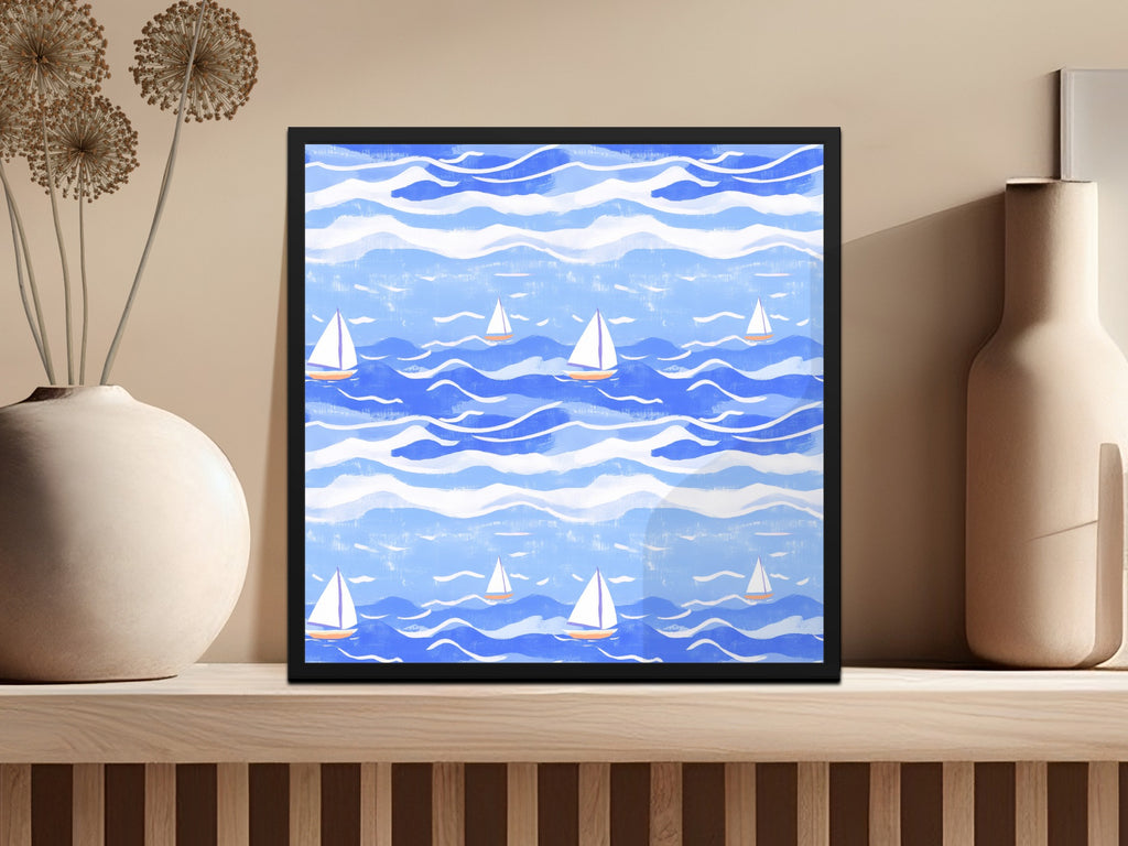 Nautical Digital Paper, Sailing Boat Pattern, Blue Sea Illustration, Seamless Texture, Scrapbook Paper, Downloadable Art, JPEG Files