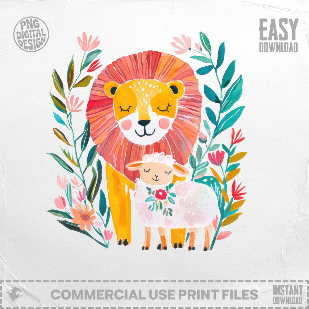 Lion and lamb surrounded by colorful flowers and leaves.