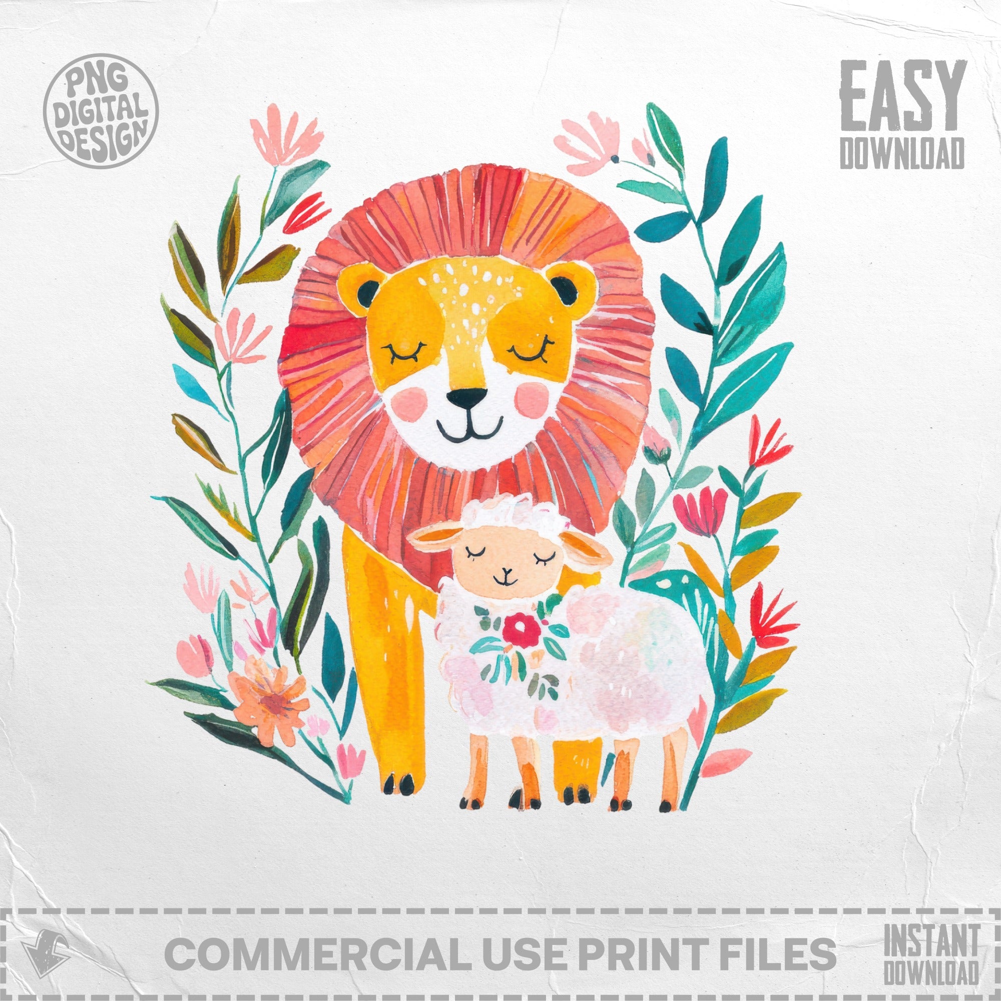 Lion and lamb surrounded by colorful flowers and leaves.