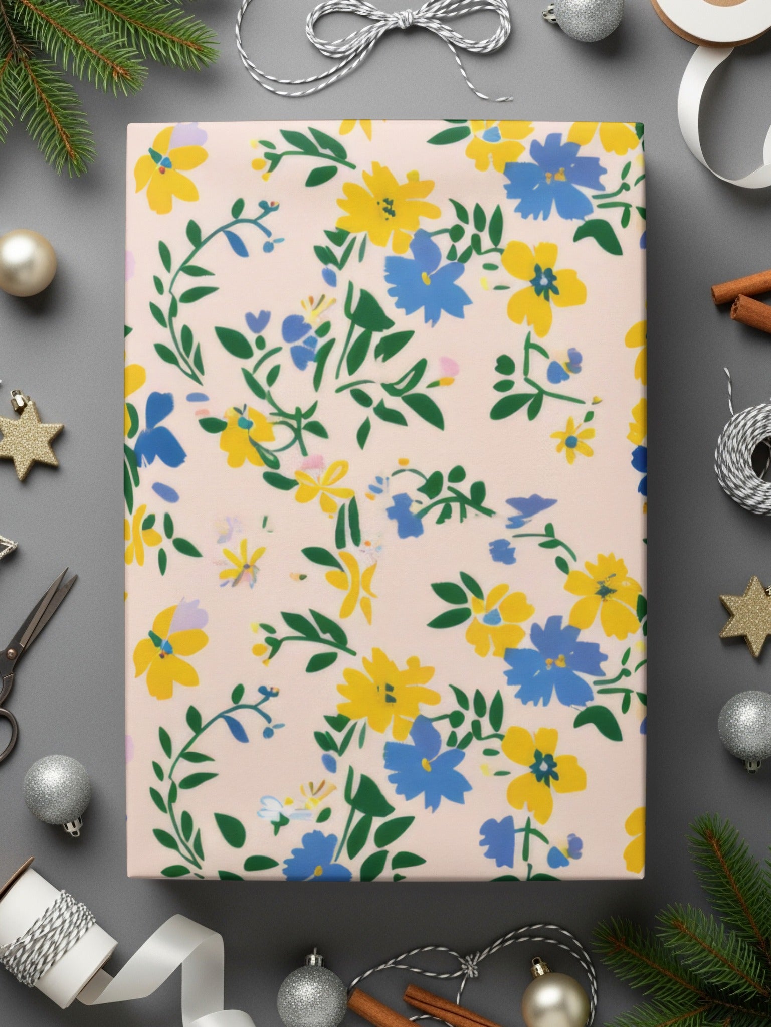 Floral Gift Wrap with Blue and Yellow Flowers Pattern