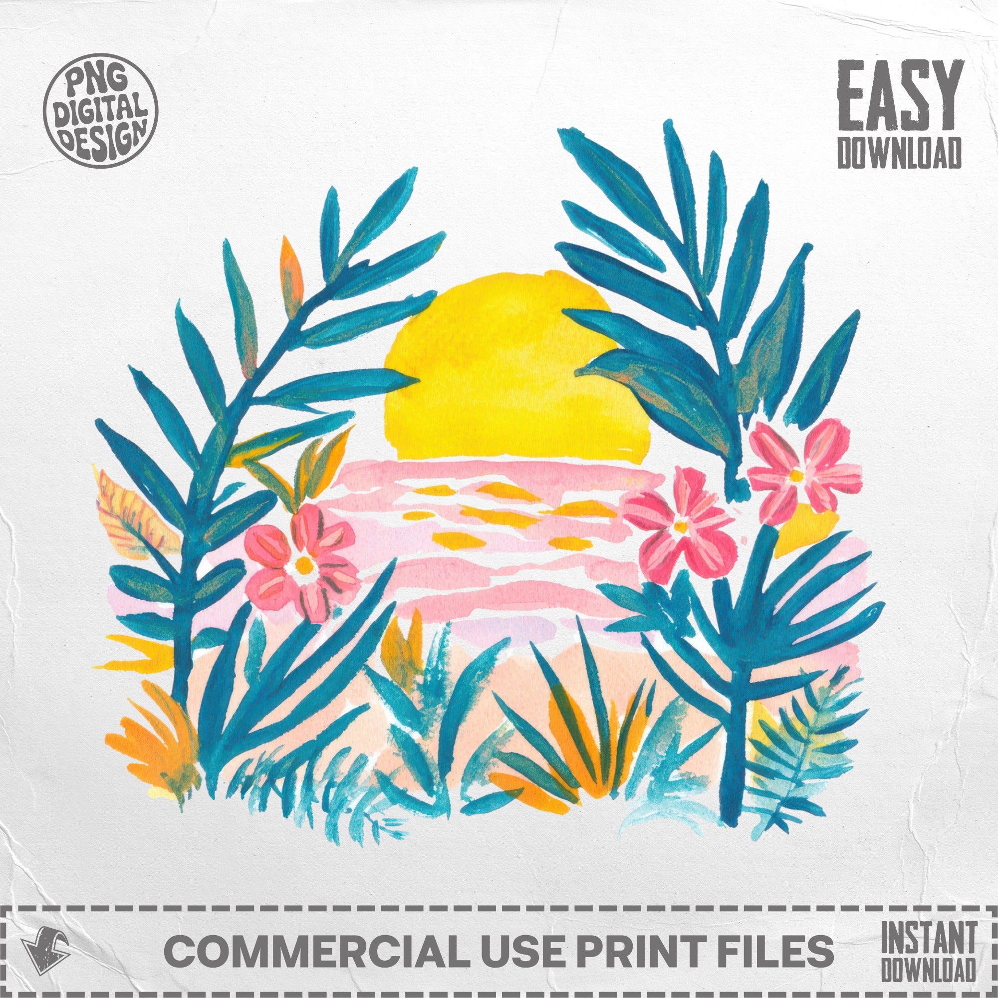 Tropical sunset with palm leaves and flowers, "EASY DOWNLOAD" text.