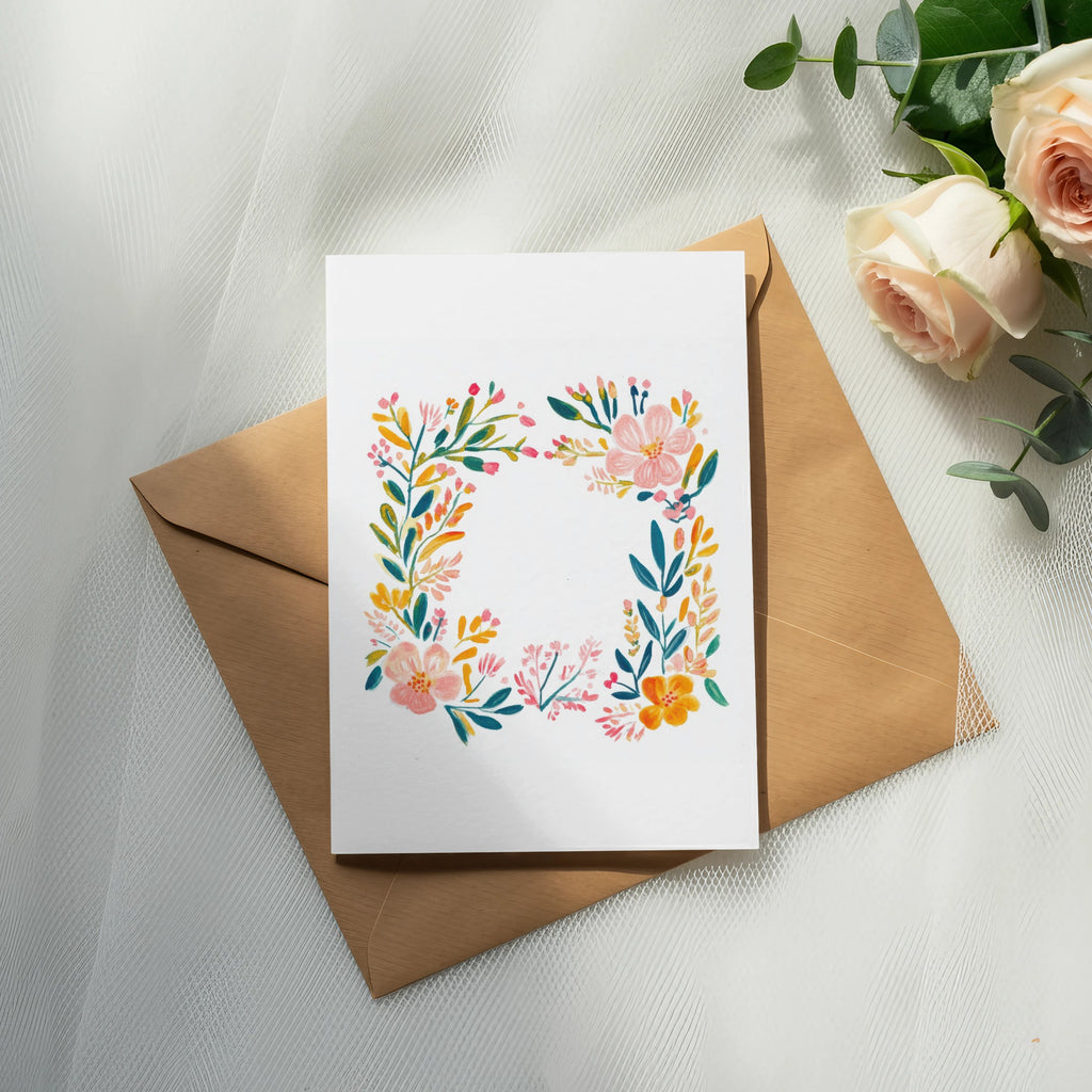 Blank floral greeting card on brown envelope with roses.