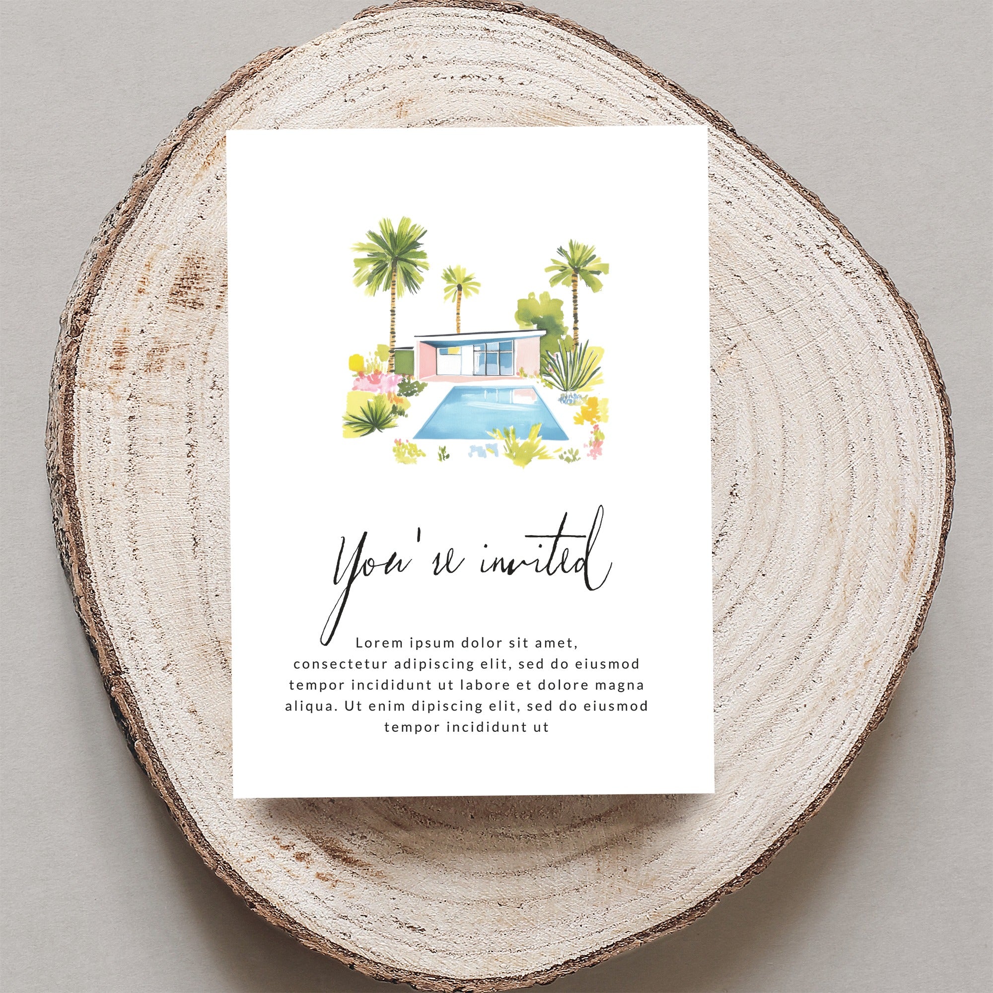 Invitation with watercolor illustration of a pool and palm trees.