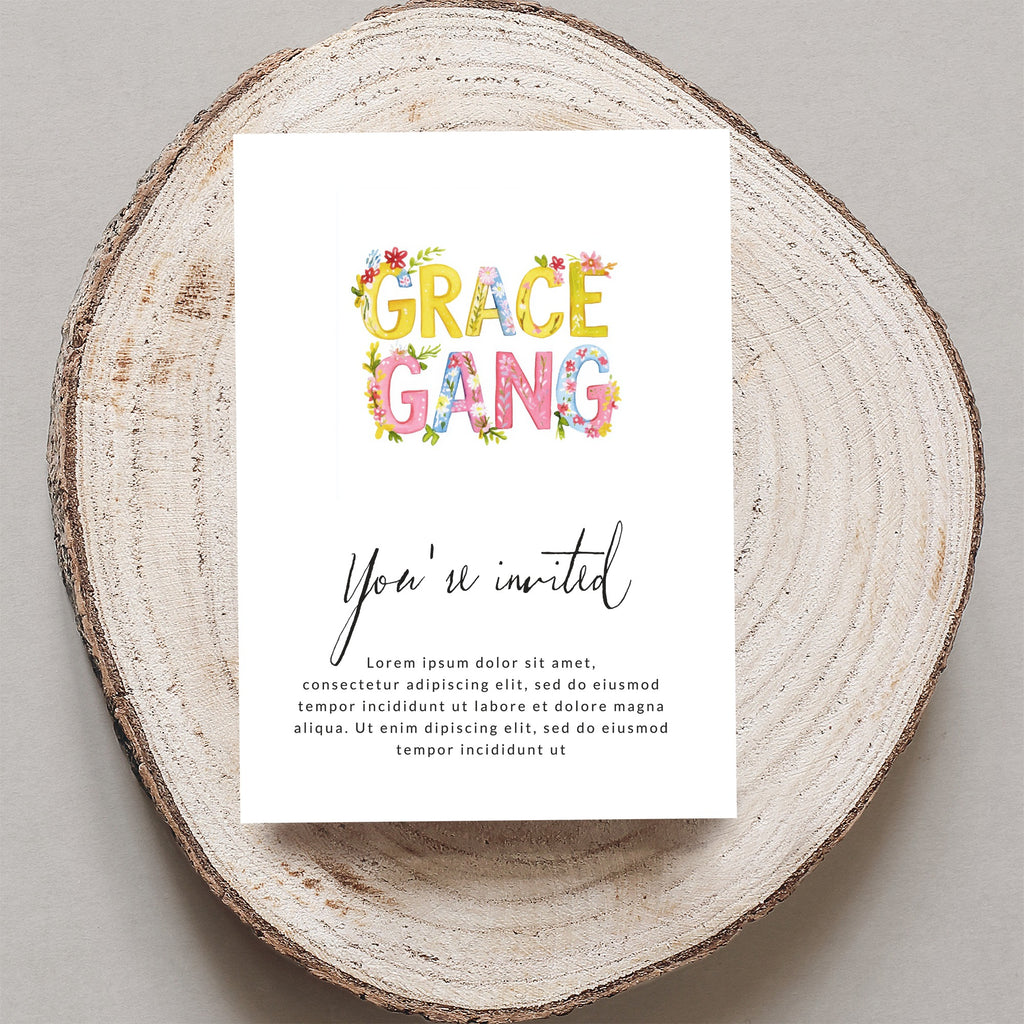 Grace Gang invitation with floral letters and placeholder text.