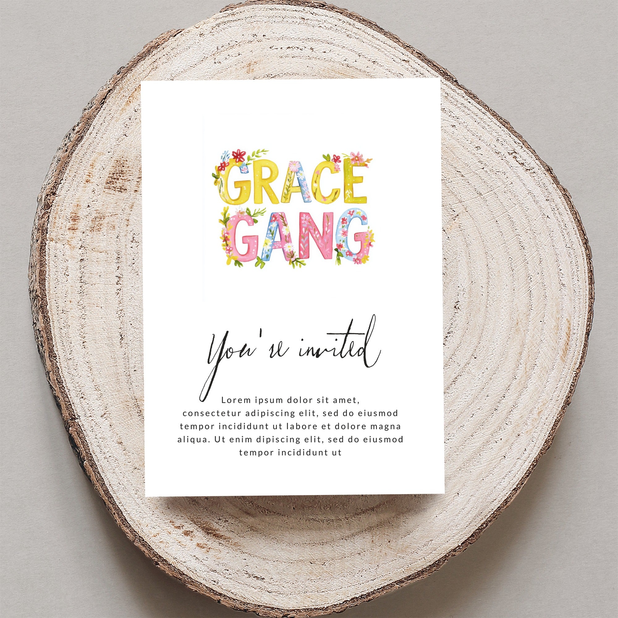 Grace Gang invitation with floral letters and placeholder text.