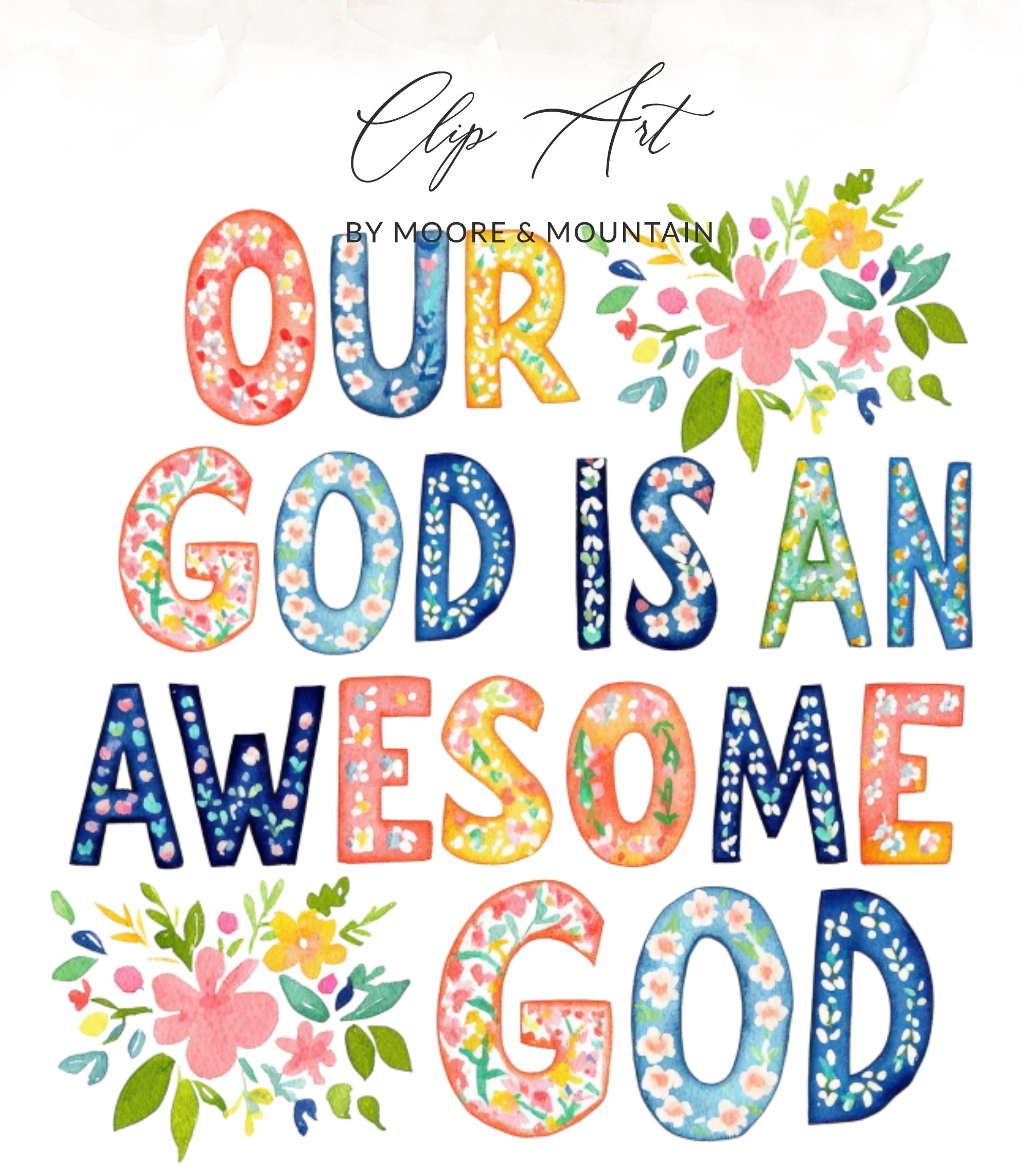 Clip art with "Our God is an Awesome God" in colorful watercolor letters.