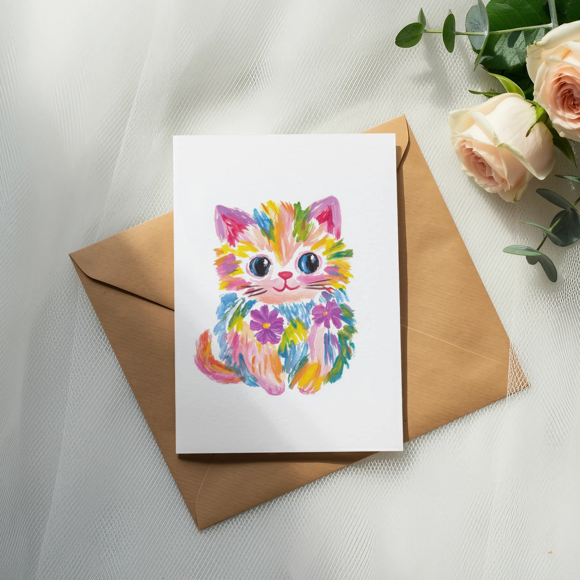 Colorful cartoon cat with flowers on a card placed on a brown envelope.