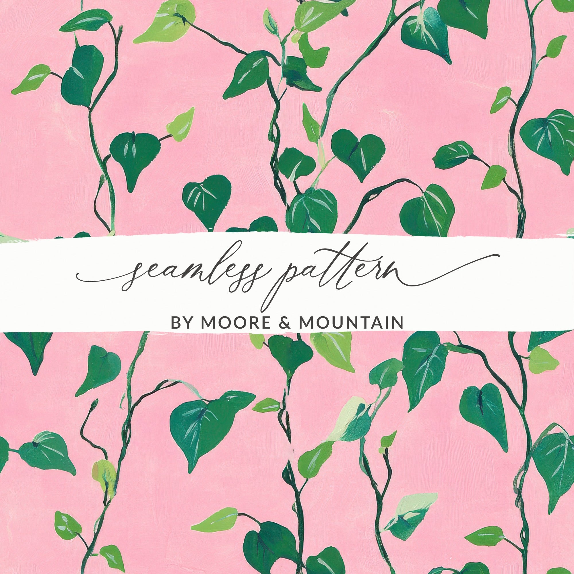 Seamless pattern of green vines on a pink background with "seamless pattern" and "by Moore & Mountain" text.