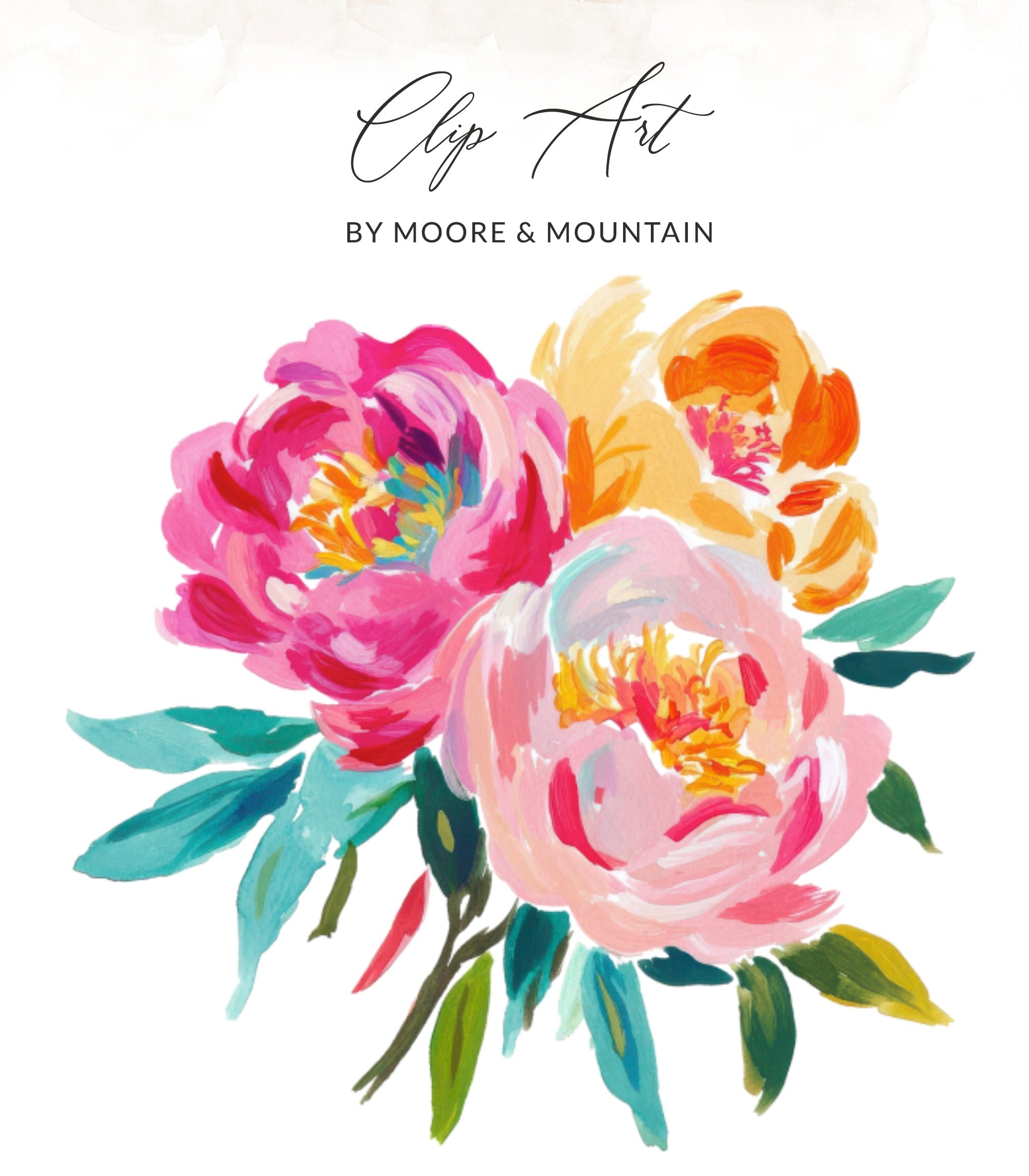Floral clip art by Moore & Mountain with pink, orange, and yellow peonies.