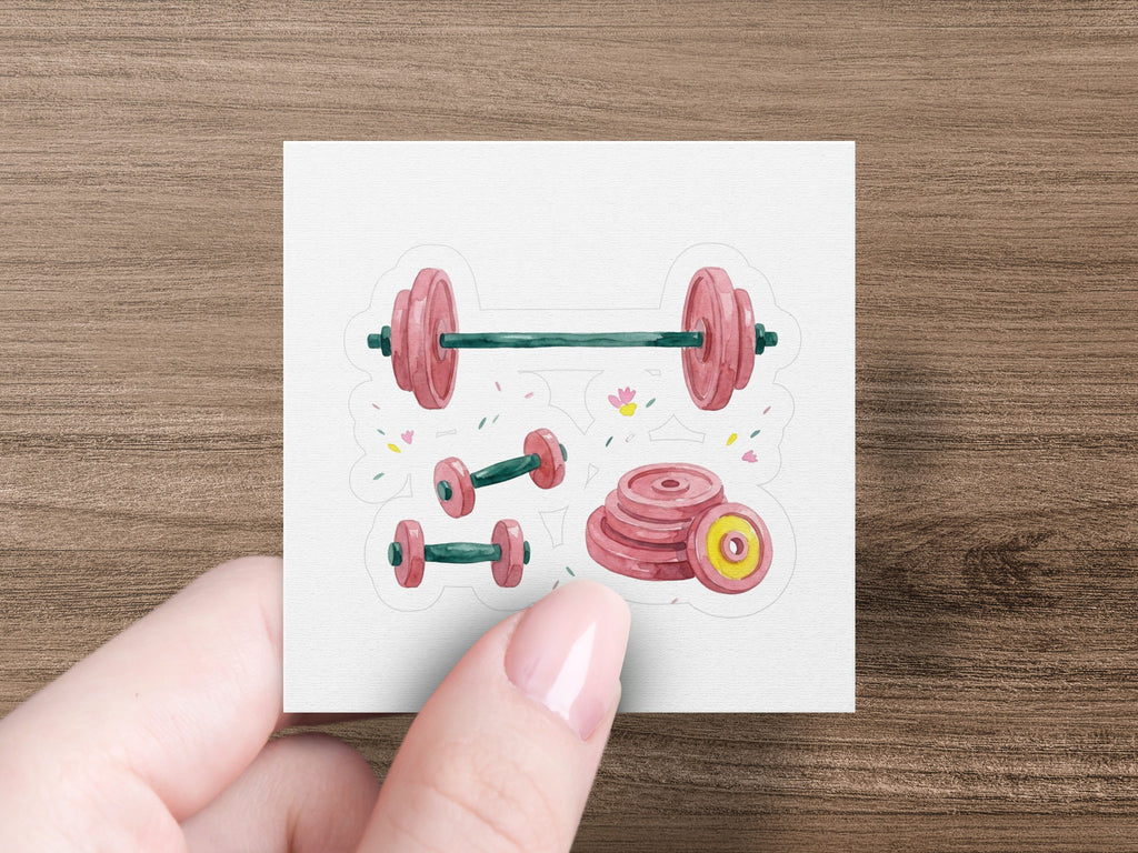Watercolor illustration of a barbell and weight plates in pink and green.