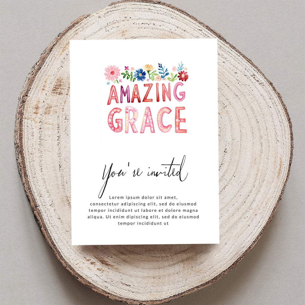 Greeting card with "Amazing Grace" in colorful watercolor lettering.
