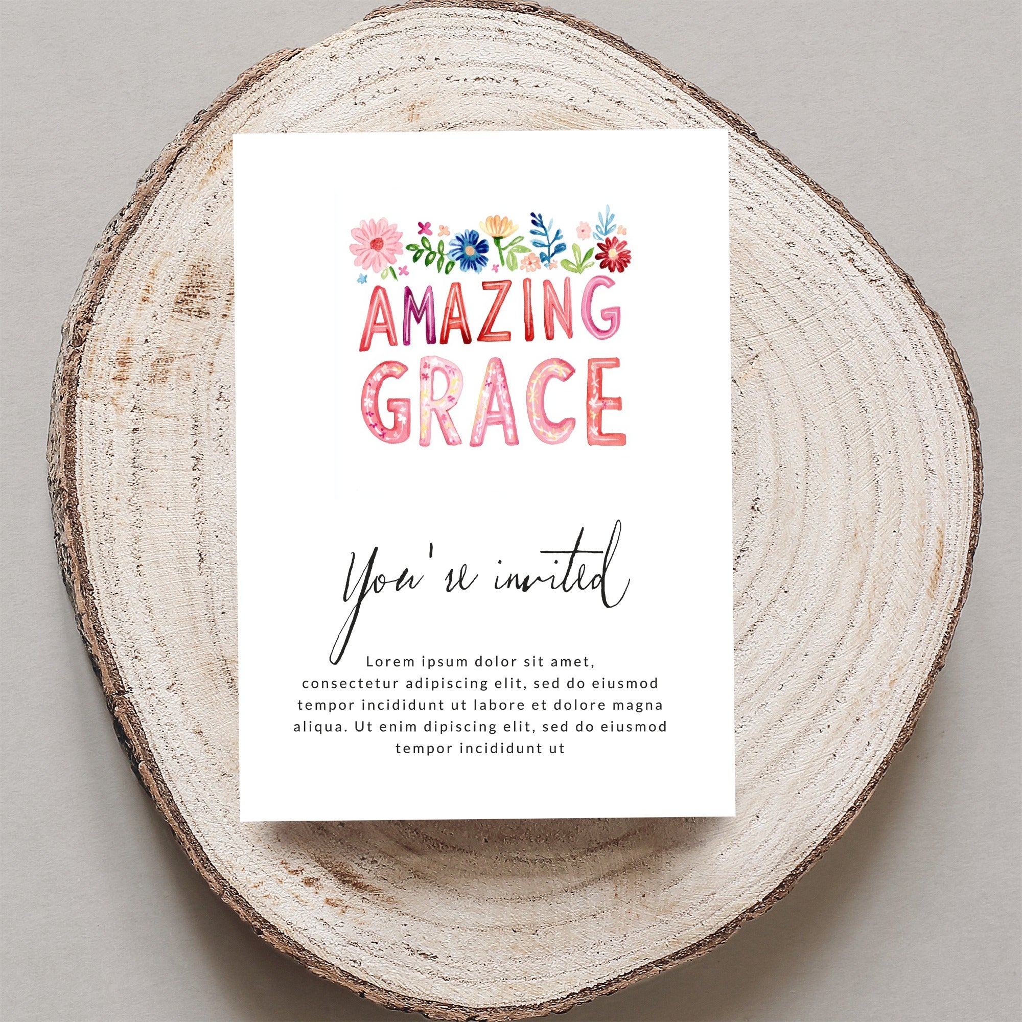Greeting card with "Amazing Grace" in colorful watercolor lettering.