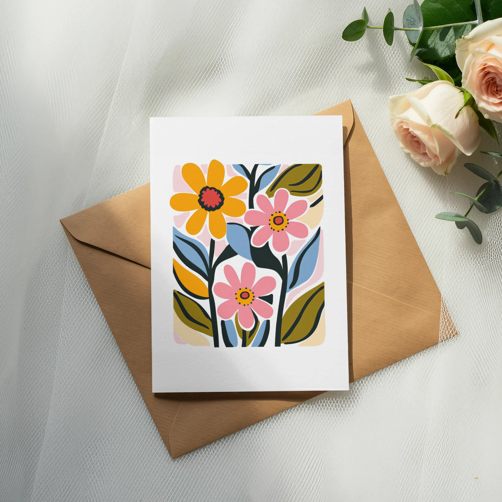 Card with colorful abstract flowers and leaves on brown envelope.