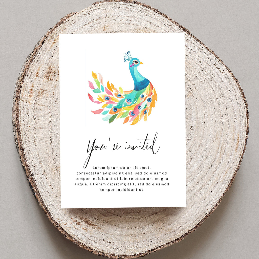 Invitation with watercolor peacock and placeholder text.