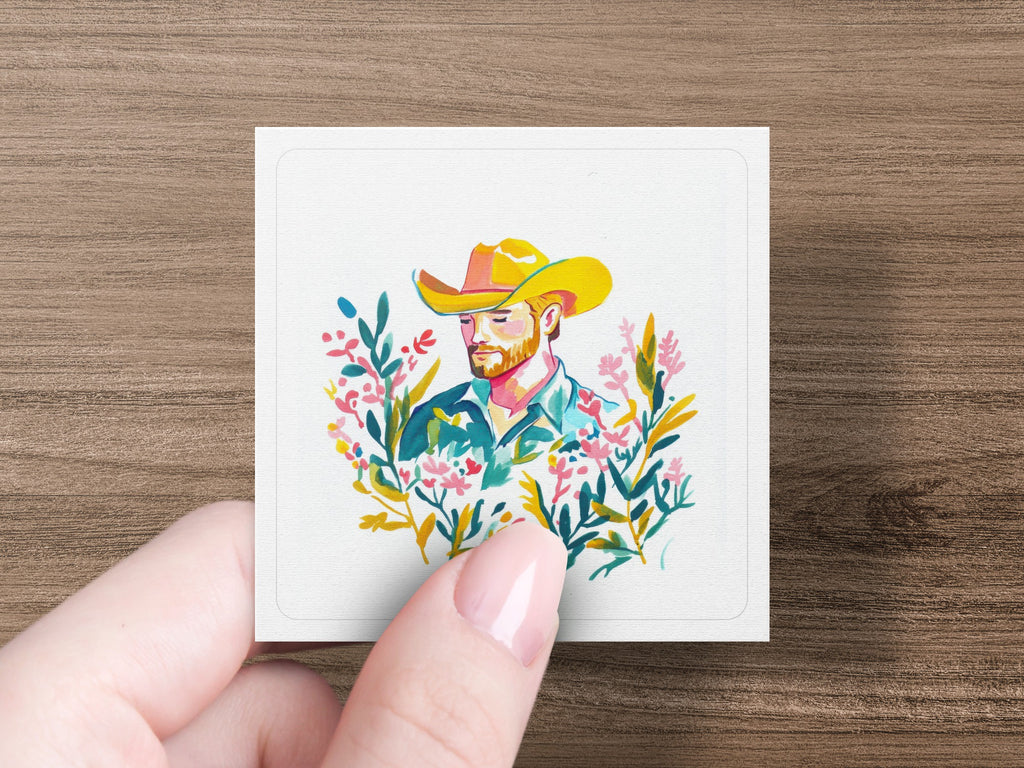 Watercolor illustration of a man in a cowboy hat surrounded by flowers.