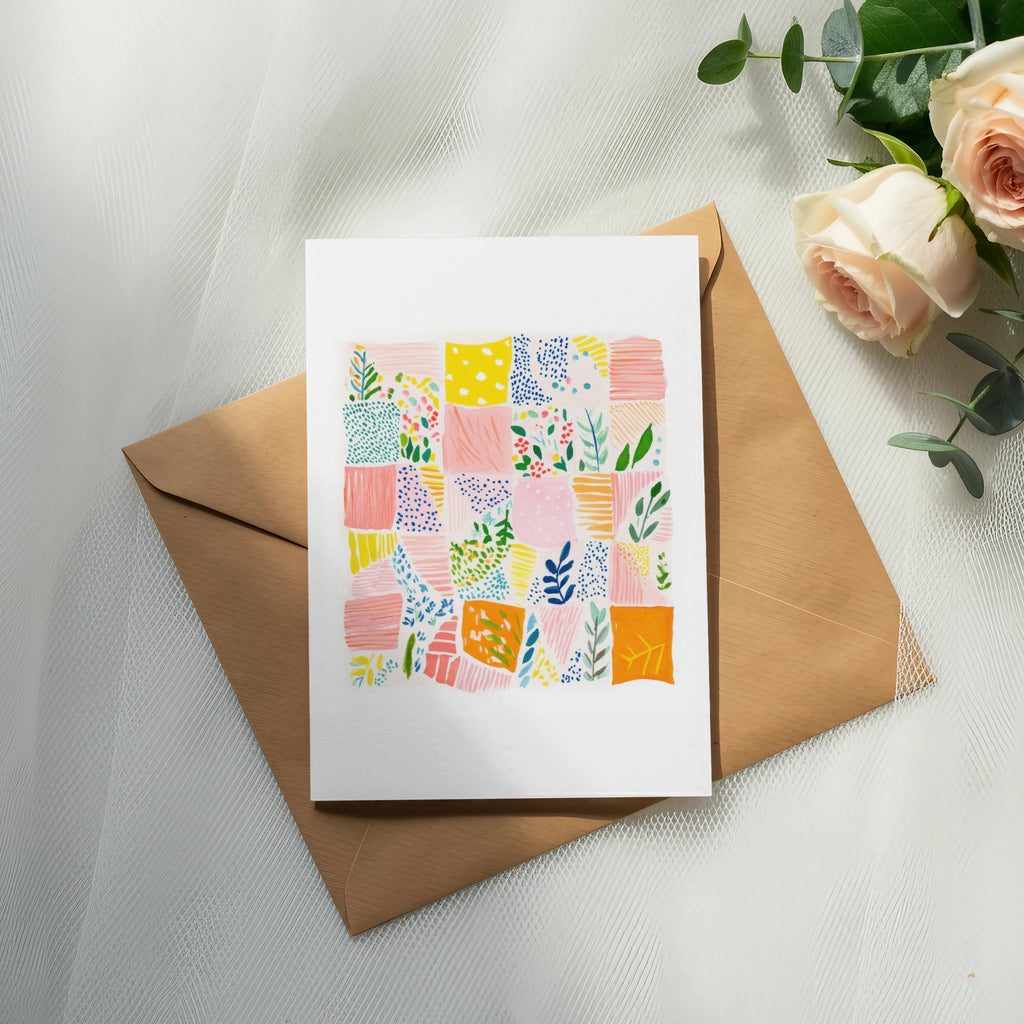Card with colorful, abstract patchwork pattern on brown envelope with roses.