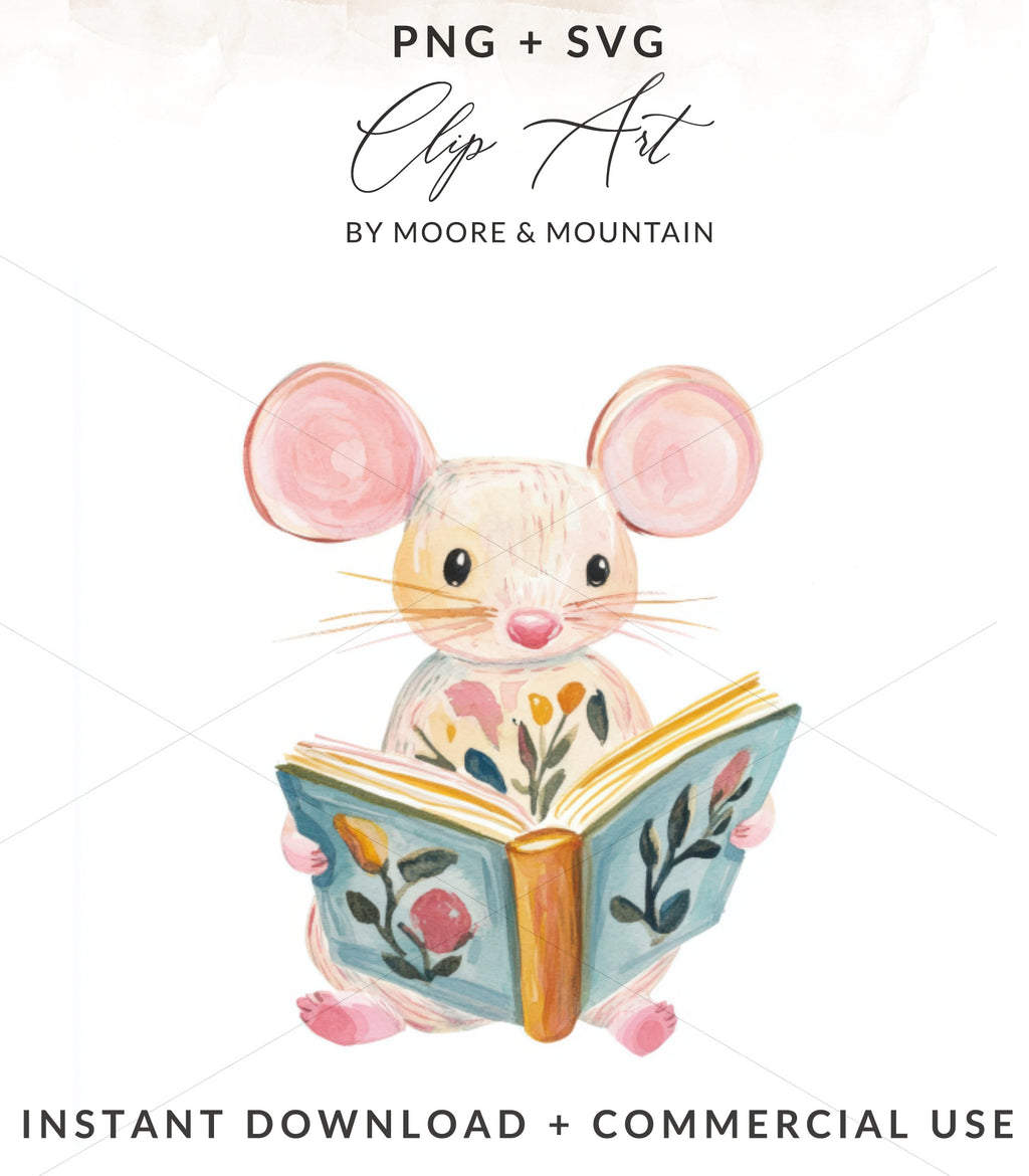 Watercolor mouse reading a book with floral designs.
