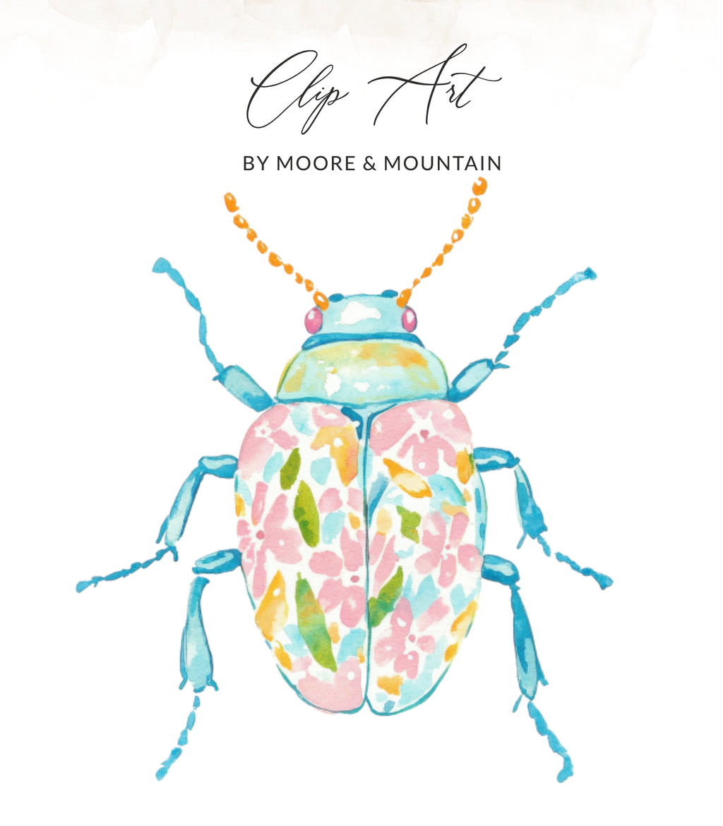 Watercolor clip art of a blue and pink beetle with floral wing patterns.