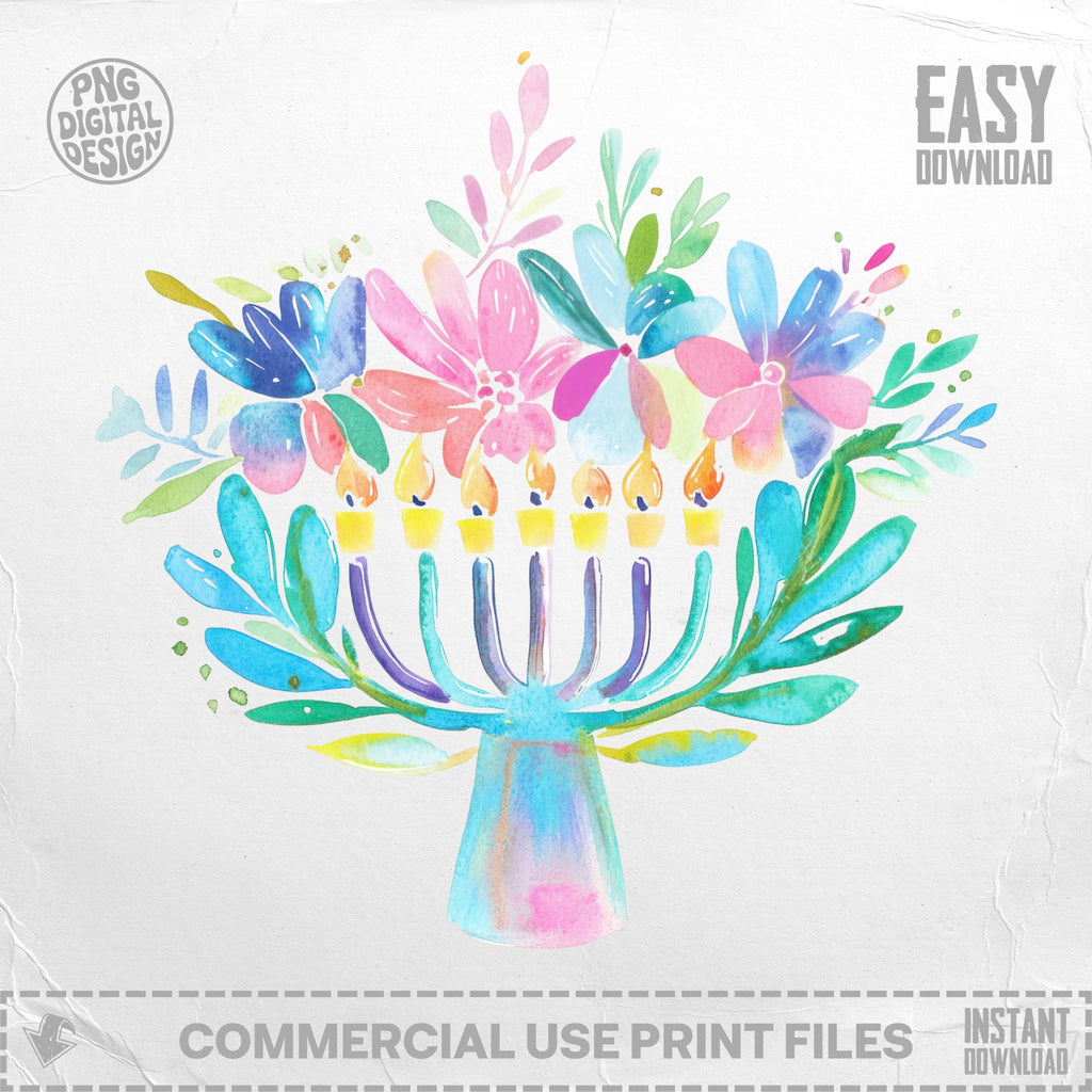 Watercolor menorah with colorful floral accents and "Easy Download" text.