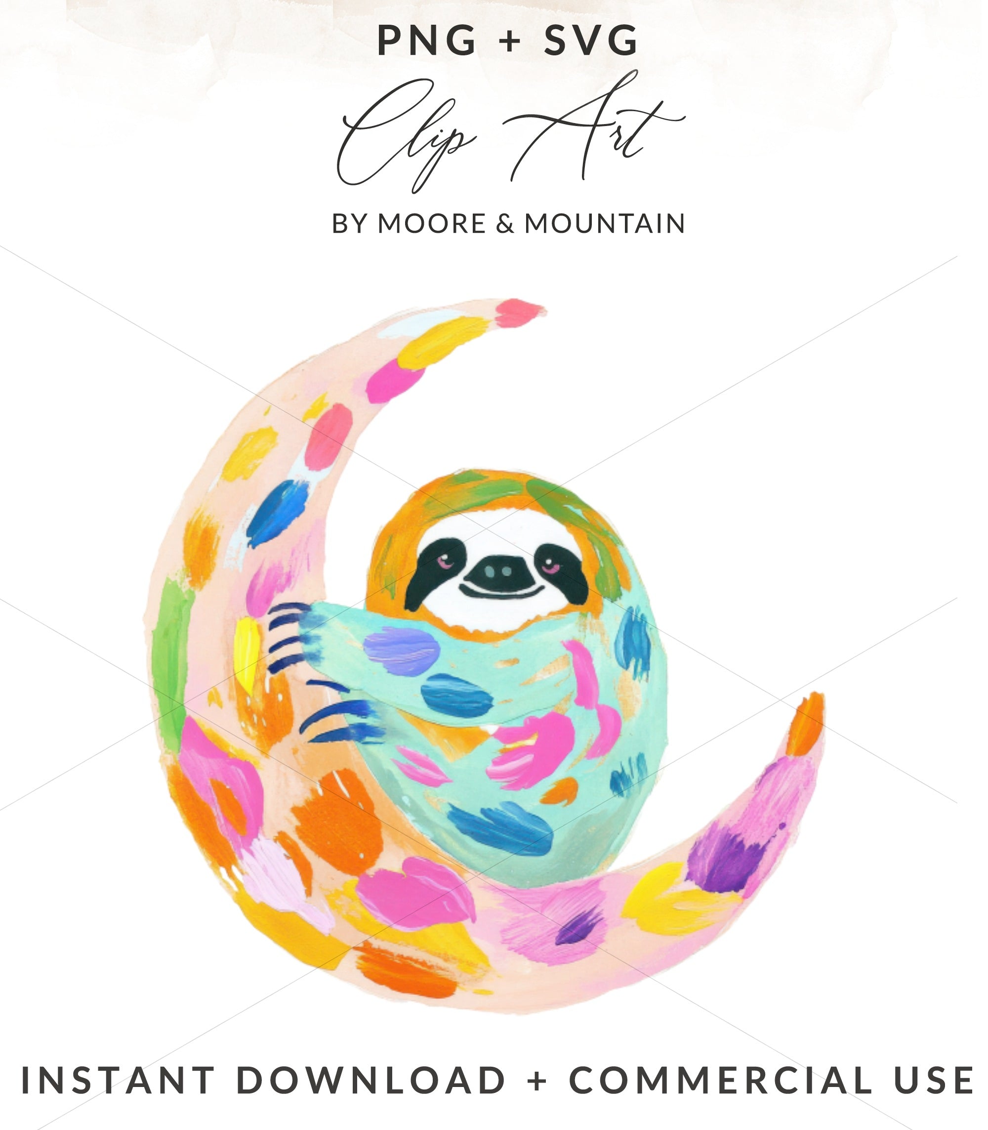 Sloth in a colorful crescent moon, PNG + SVG, Instant Download.