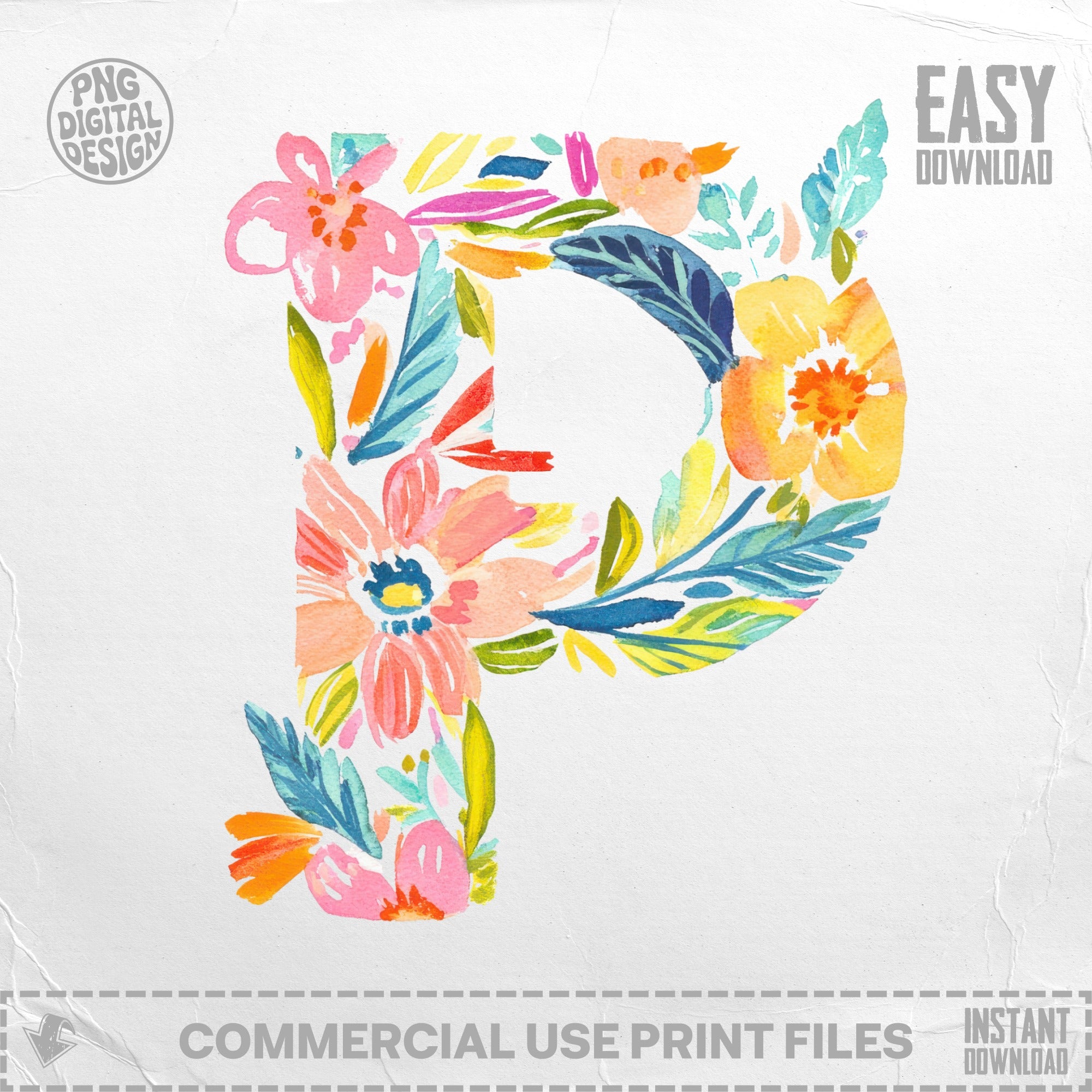 Watercolor letter P with floral elements and "Easy Download" text.
