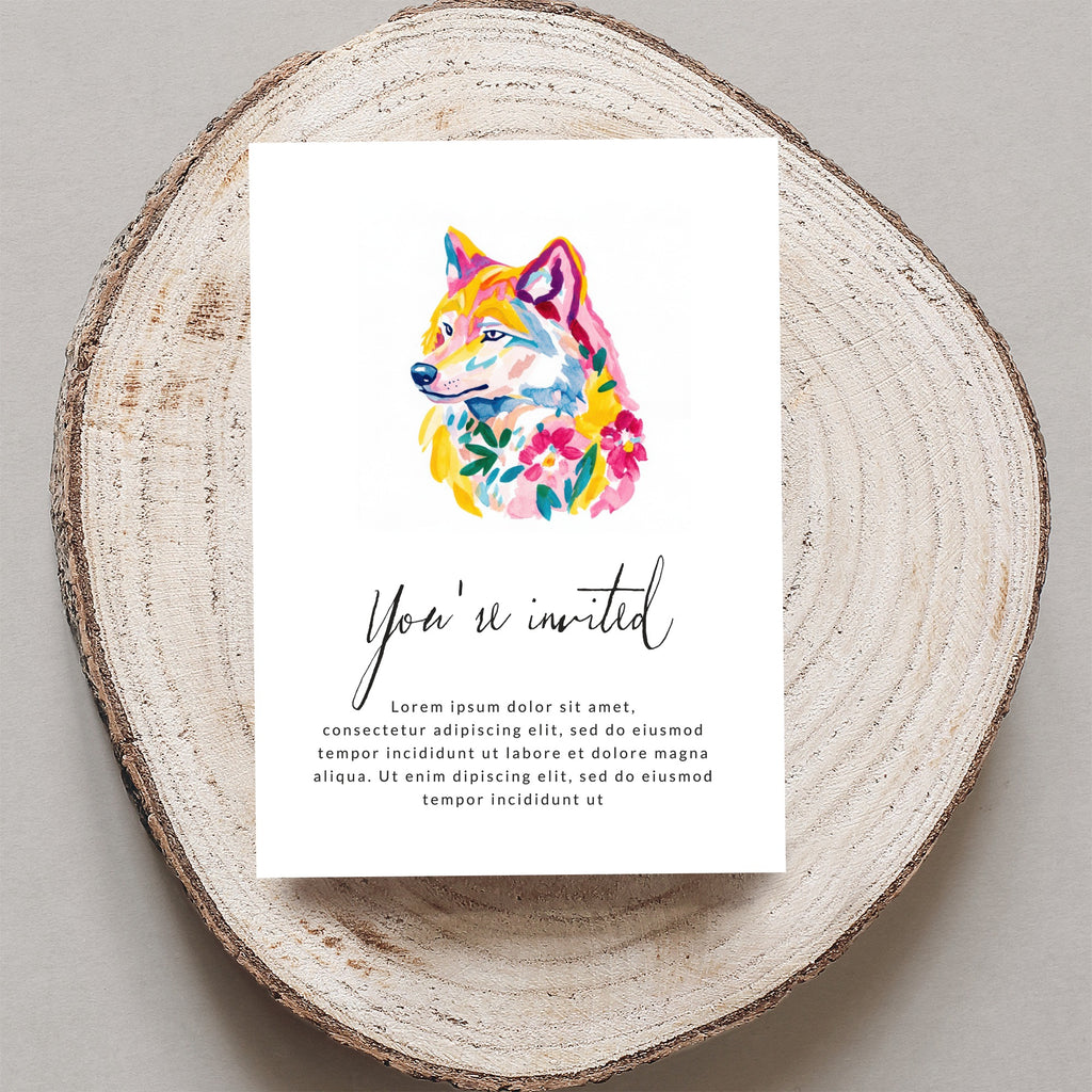 Watercolor wolf illustration with "You're invited" text on card.
