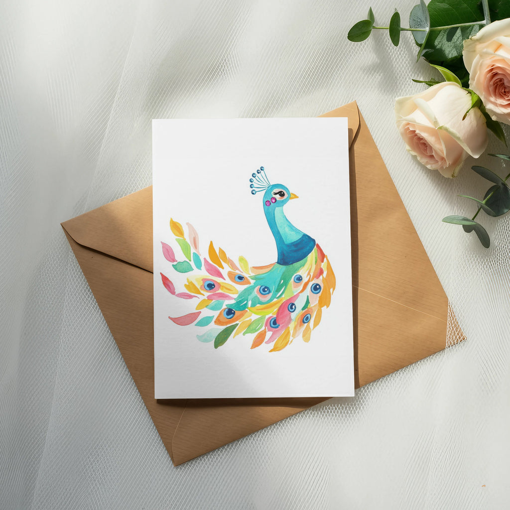 Watercolor peacock illustration on a card with roses and eucalyptus.