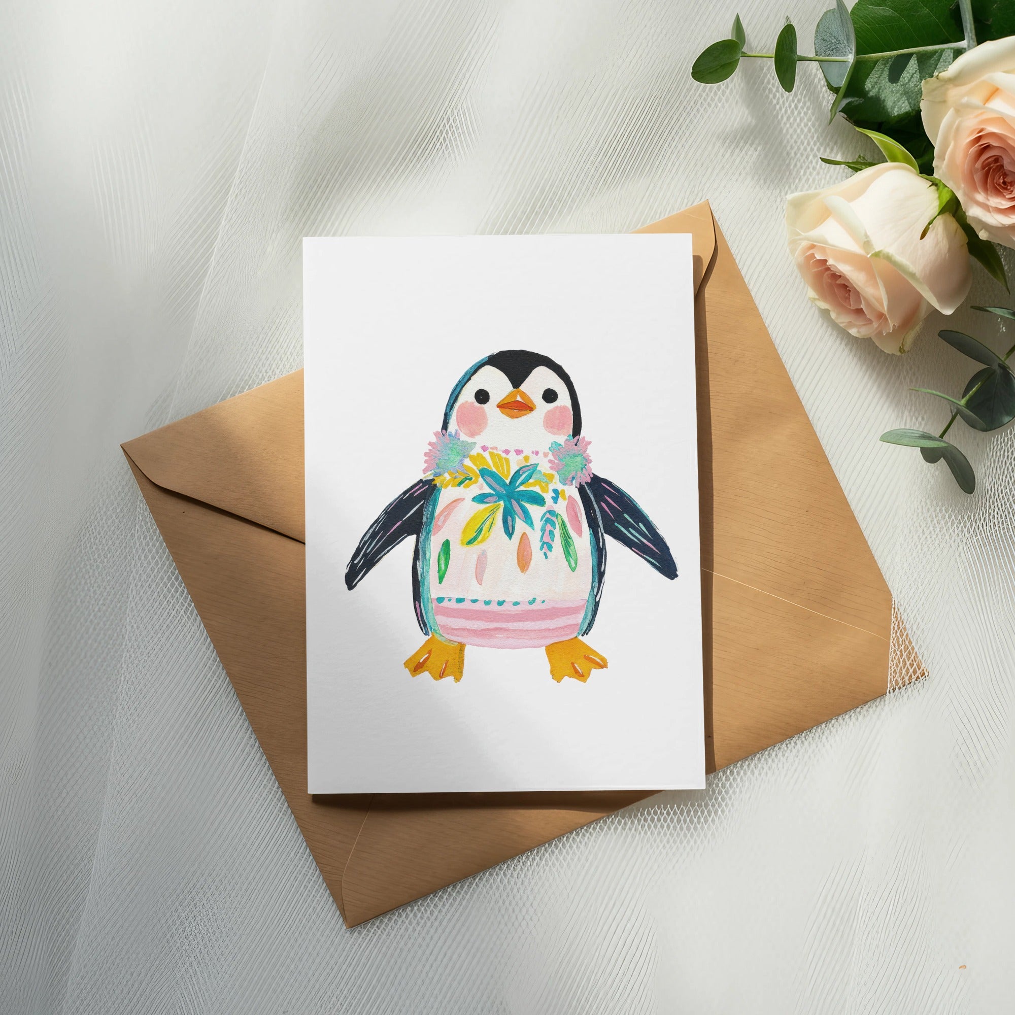Card featuring a watercolor penguin with a floral collar, on a brown envelope.