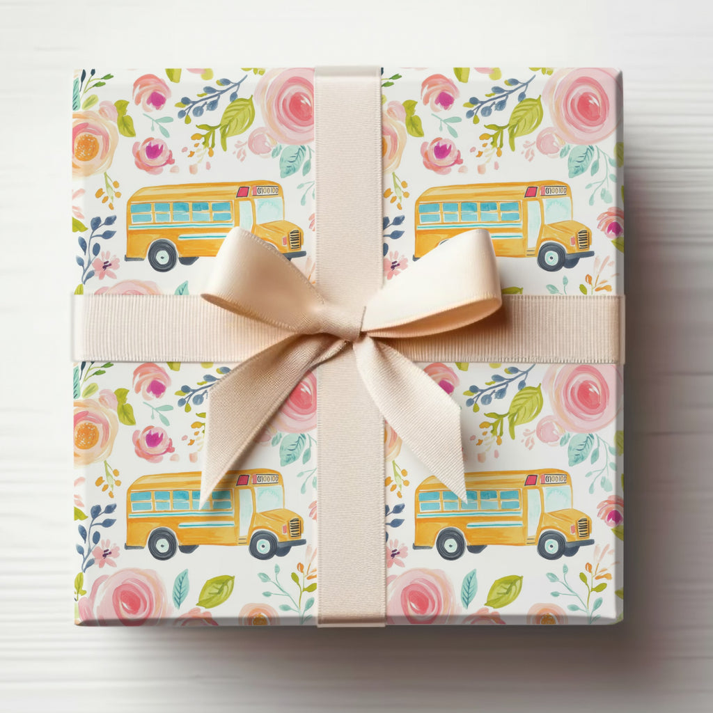 School Bus and Flowers Gift Wrapping Paper