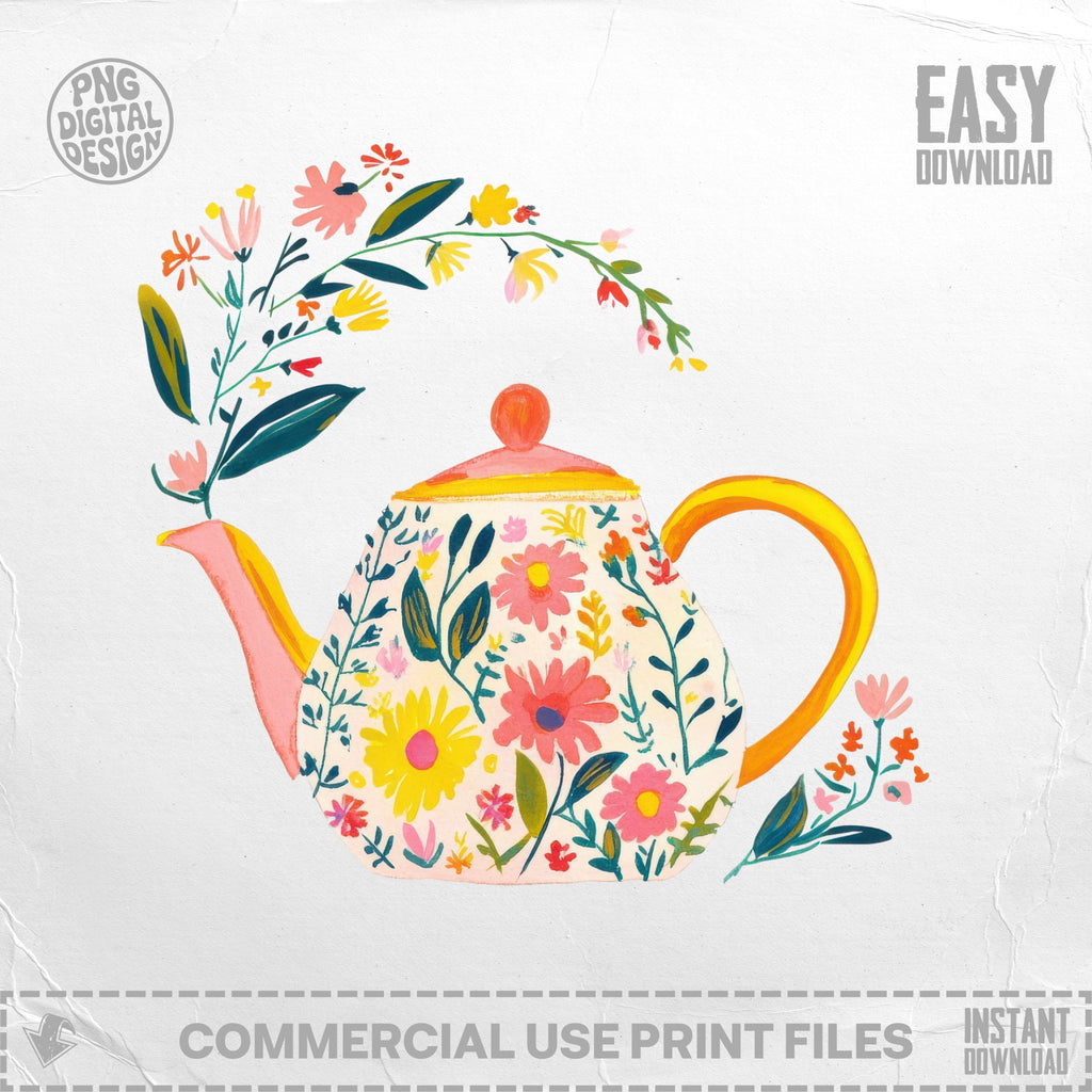 Floral teapot with pink and yellow flowers, digital design.