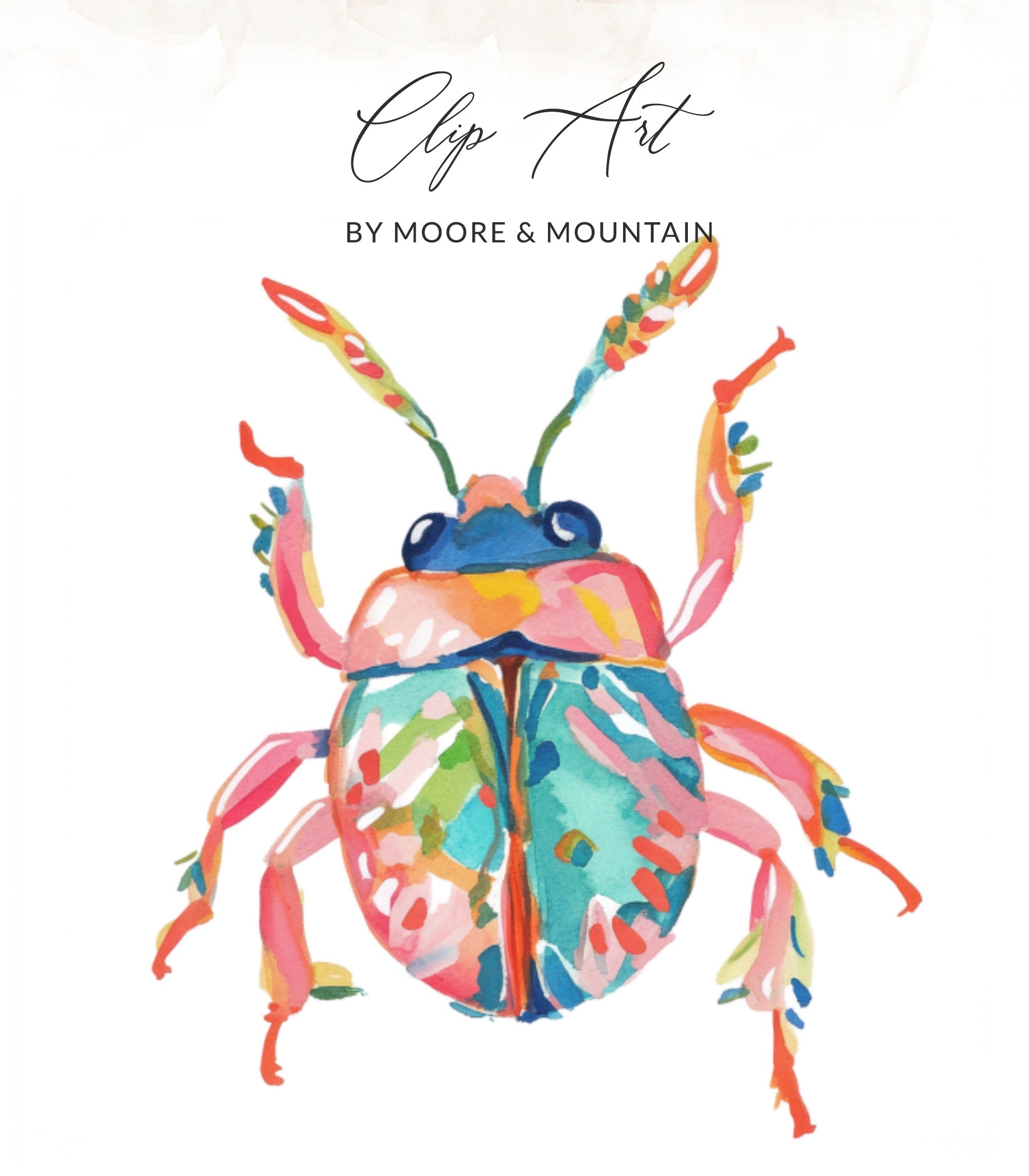 Colorful watercolor beetle illustration with "Clip Art" and "BY MOORE & MOUNTAIN" text.